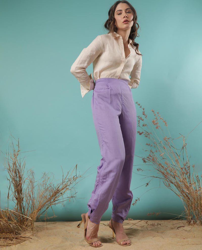 Rareism Women Erin Pastel Purple Modal Linen Fabric Tailored Fit Plain Ankle Length Trousers