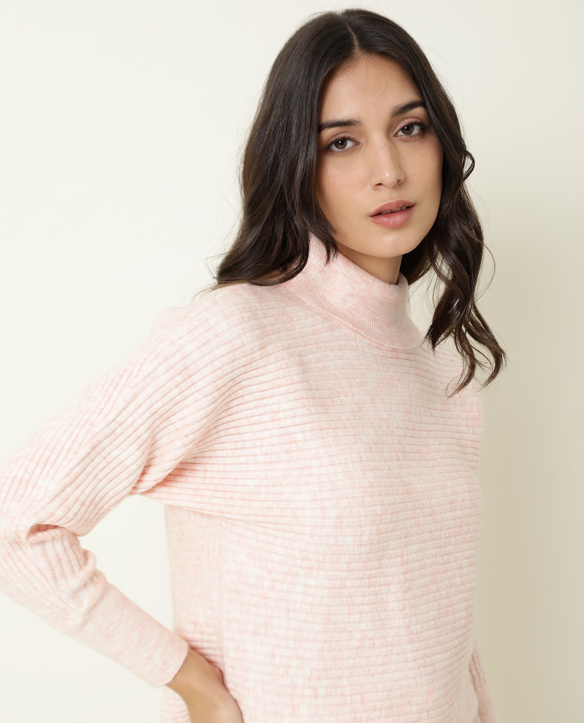 Rareism Women's Levour Pink Acrylic Turtle Neck Plain Relaxed Fit Sweater