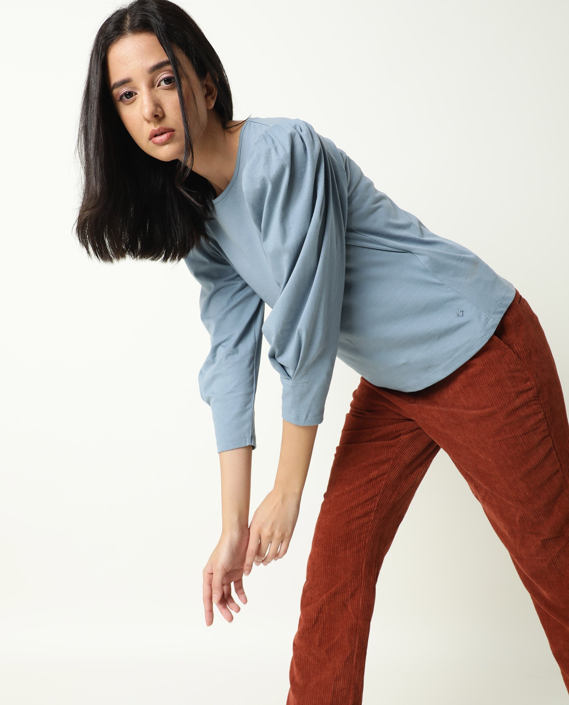 Rareism Women Ballerina Blue Cotton Fabric Regular Fit Knee Length Boat Neck 3/4Th Sleeves Solid Top