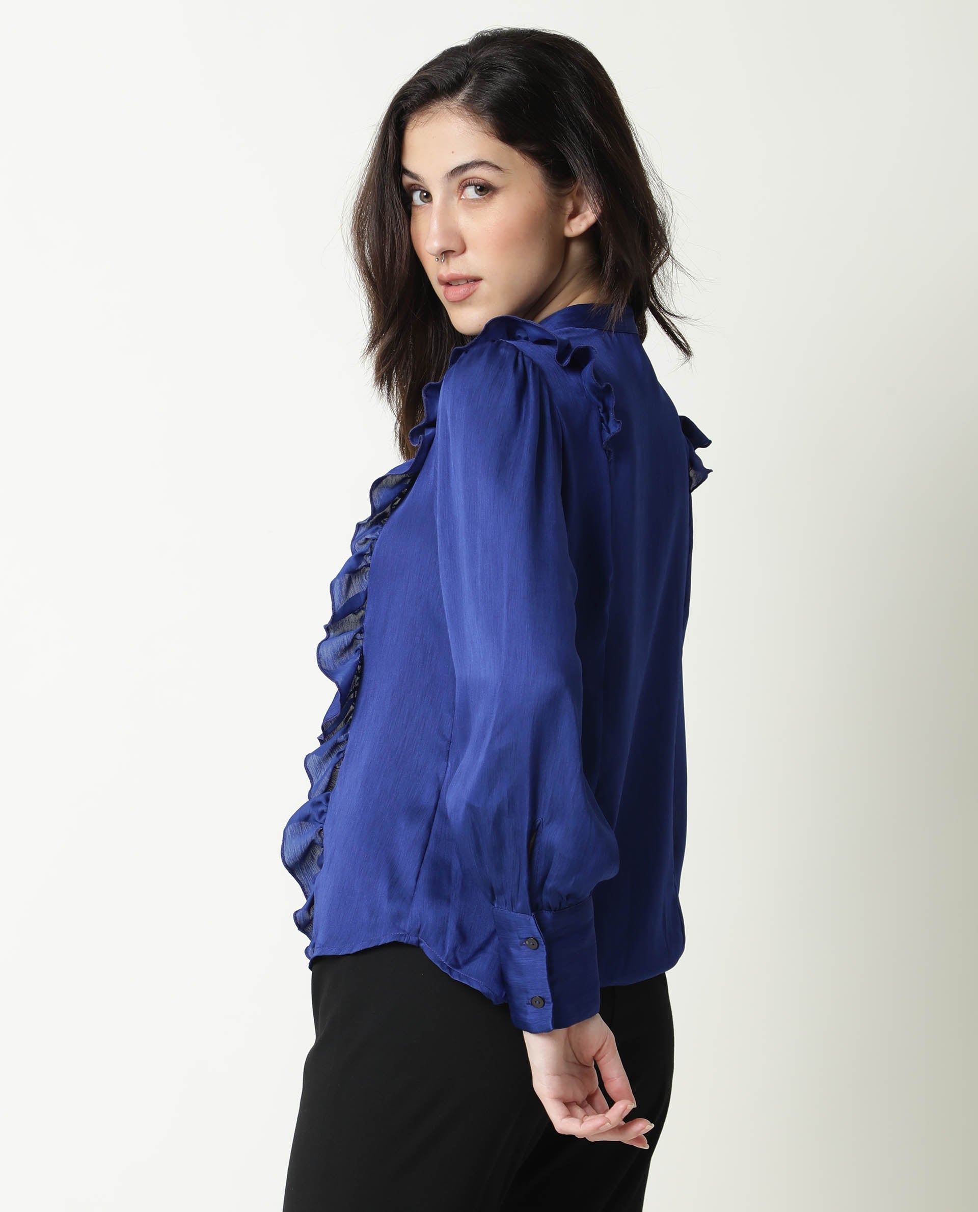Rareism Womens Chamomile Blue Top Polyester Fabric  Fit Regular Sleeves Mandarin Neck