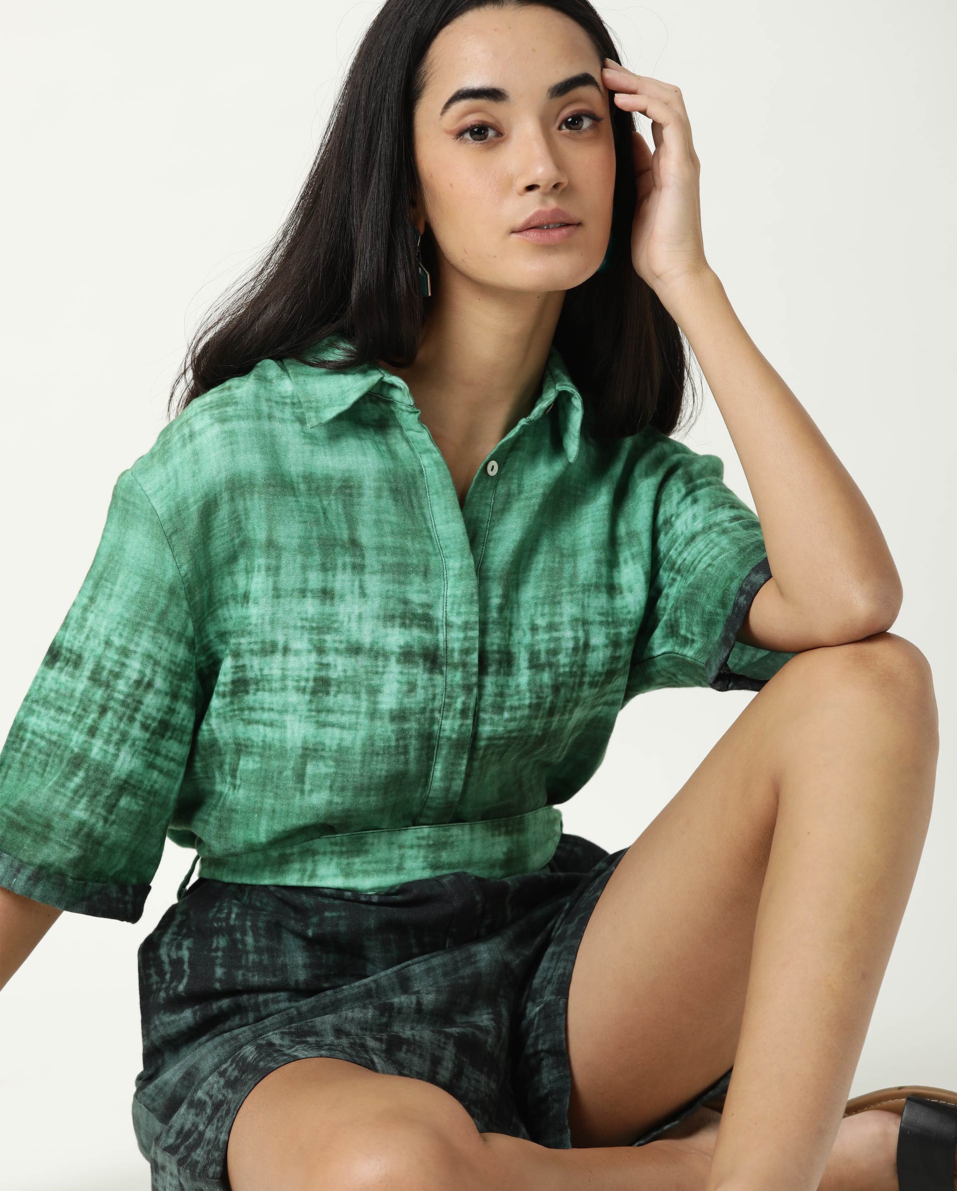 Rareism Womens Grizzle Green Top Cotton Fabric Regular Fit Half Sleeve Collared Neck