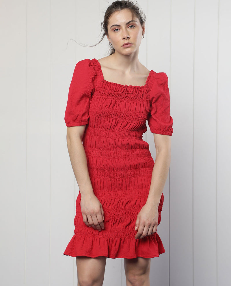 Rareism Women Ammo Red Viscose Fabric Short Sleeves Square Neck Puff Sleeve Regular Fit Plain Knee Length Flared Dress