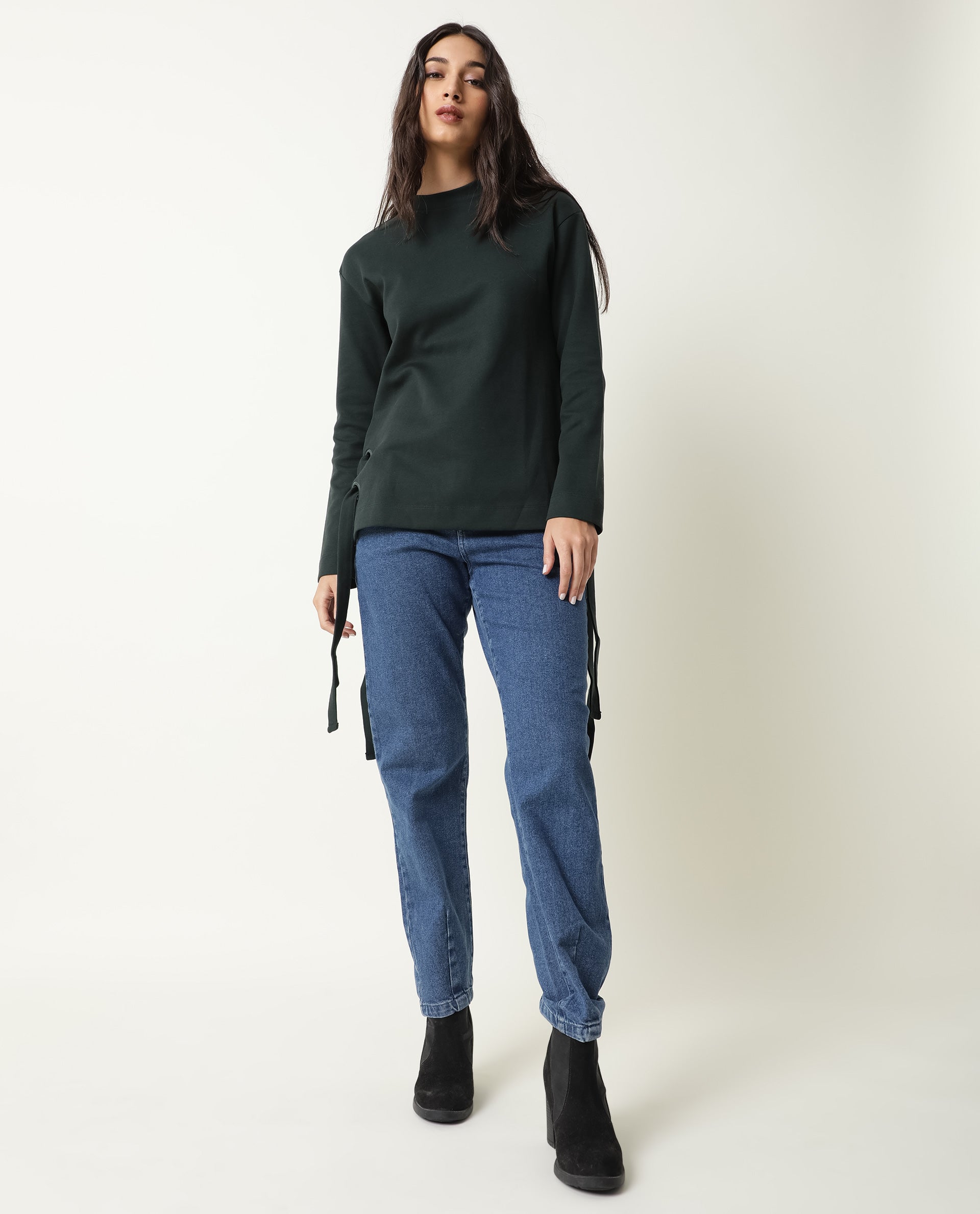 Rareism Women Ross Green Cotton Fabric Regular Fit Crew Neck Full Sleeves Solid Top