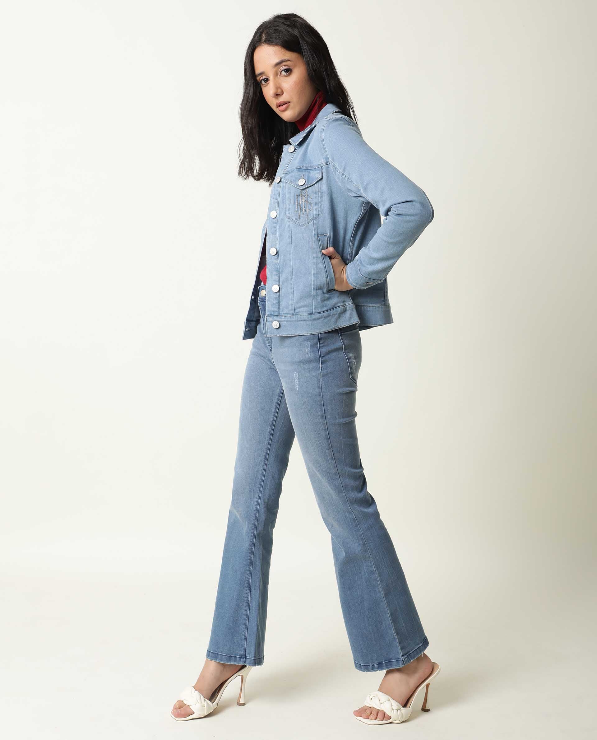 Rareism Women Misso Light Blue Cotton Lycra Fabric Full Sleeves Solid Shirt Collar Jacket