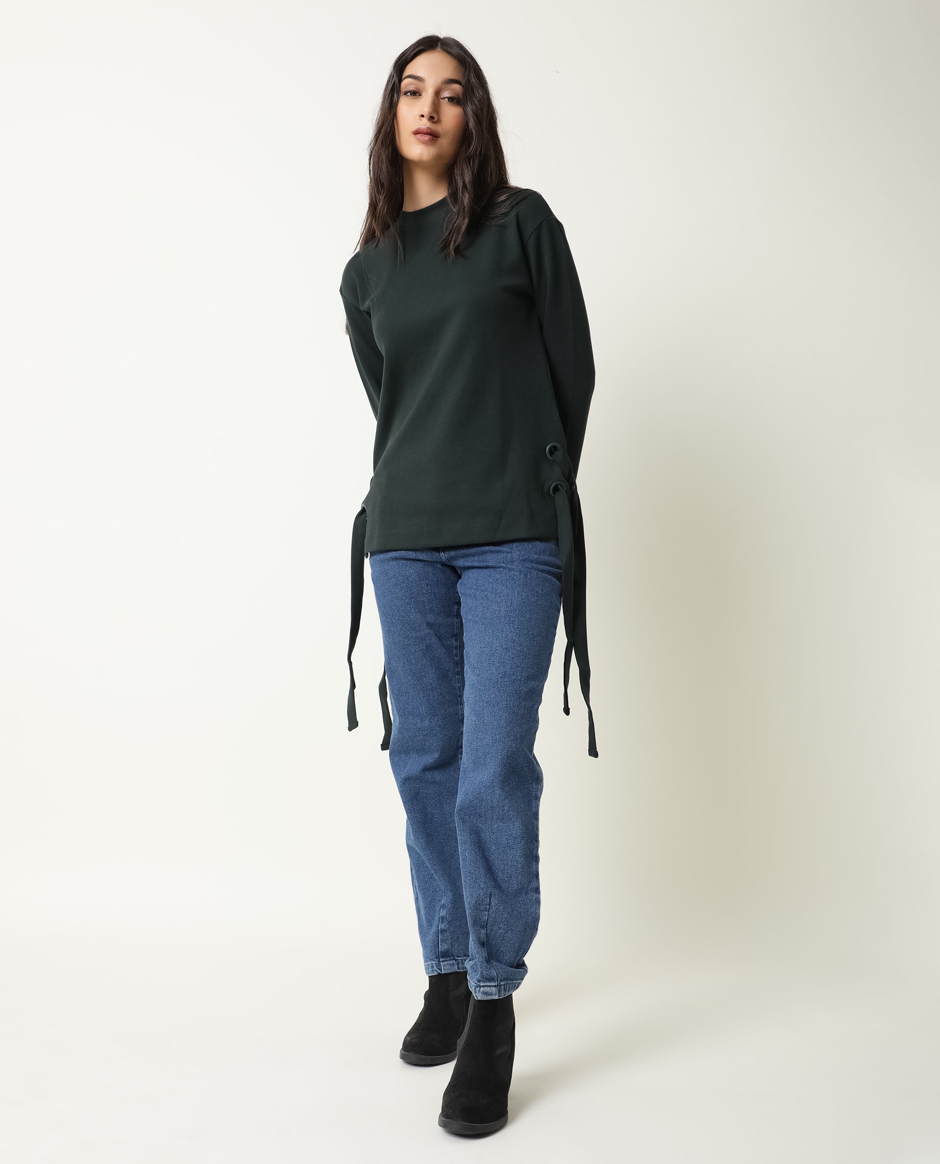 Rareism Women Ross Green Cotton Fabric Regular Fit Crew Neck Full Sleeves Solid Top