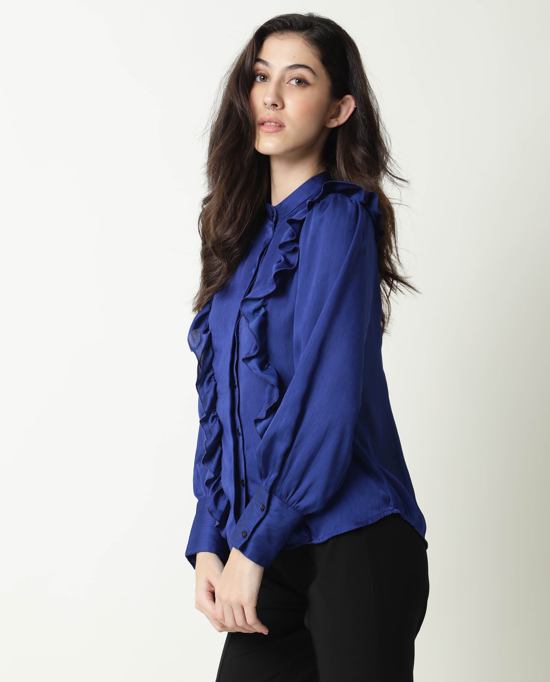 Rareism Womens Chamomile Blue Top Polyester Fabric  Fit Regular Sleeves Mandarin Neck