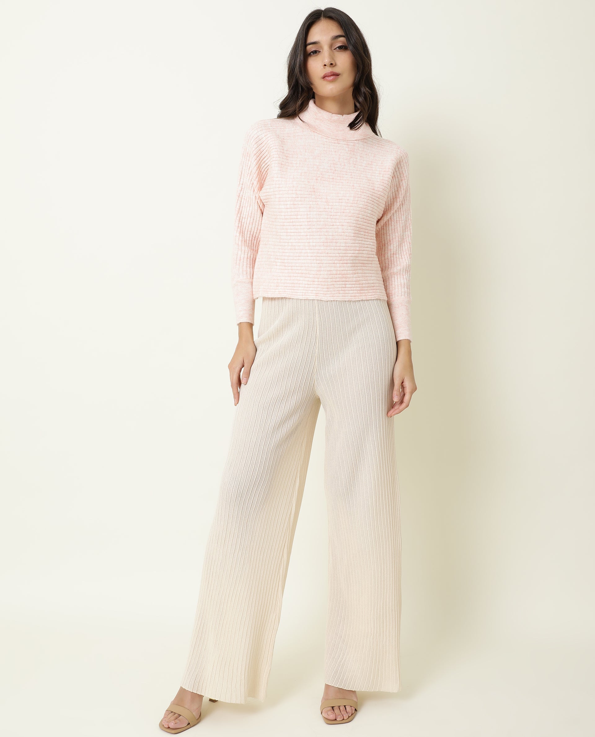 Rareism Women's Levour Pink Acrylic Turtle Neck Plain Relaxed Fit Sweater
