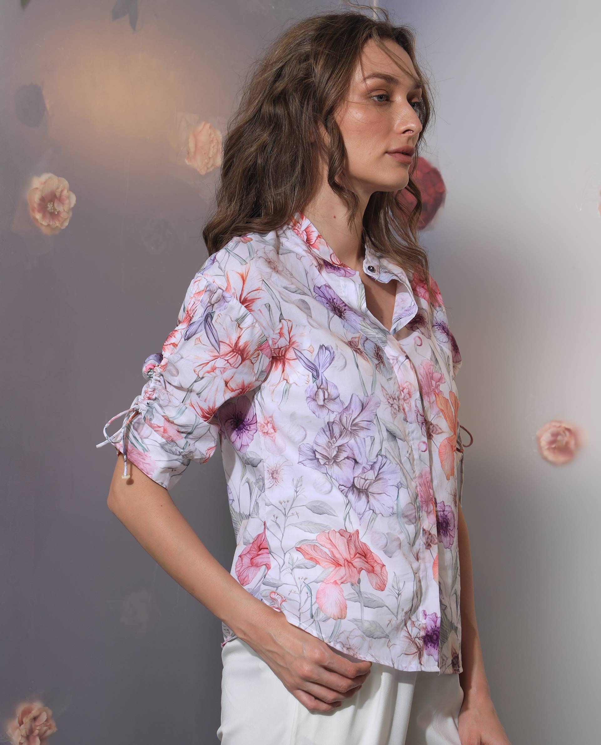 Rareism Women's Roxy Multi Cotton Mandarin Collar Floral Print Regular Fit Top