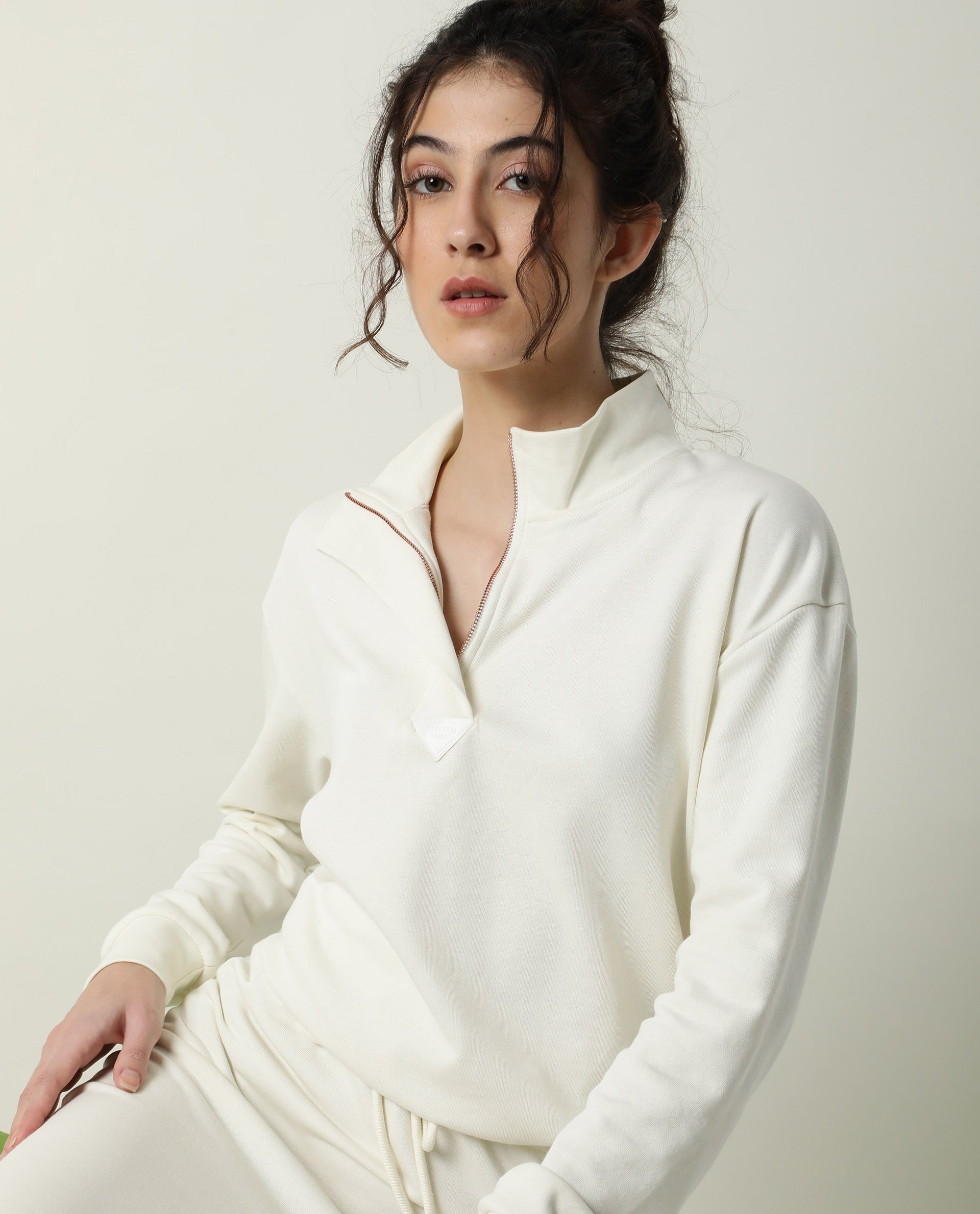 Rareism Women Taffy-1 Off White  Relaxed Fit Full Sleeves Solid High Neck Sweatshirt