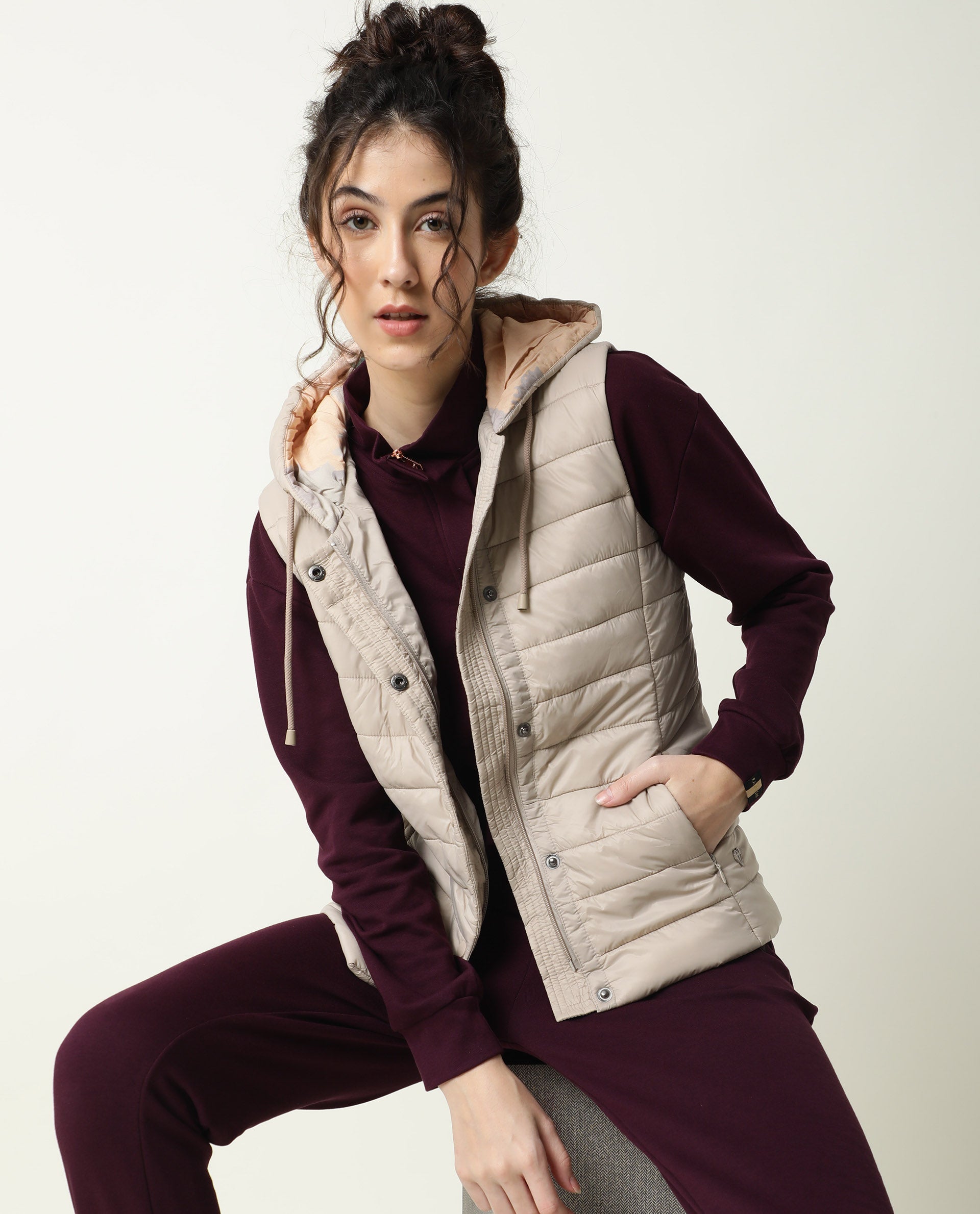 Rareism Women Troop Beige  Sleeveless Solid Hooded Jacket