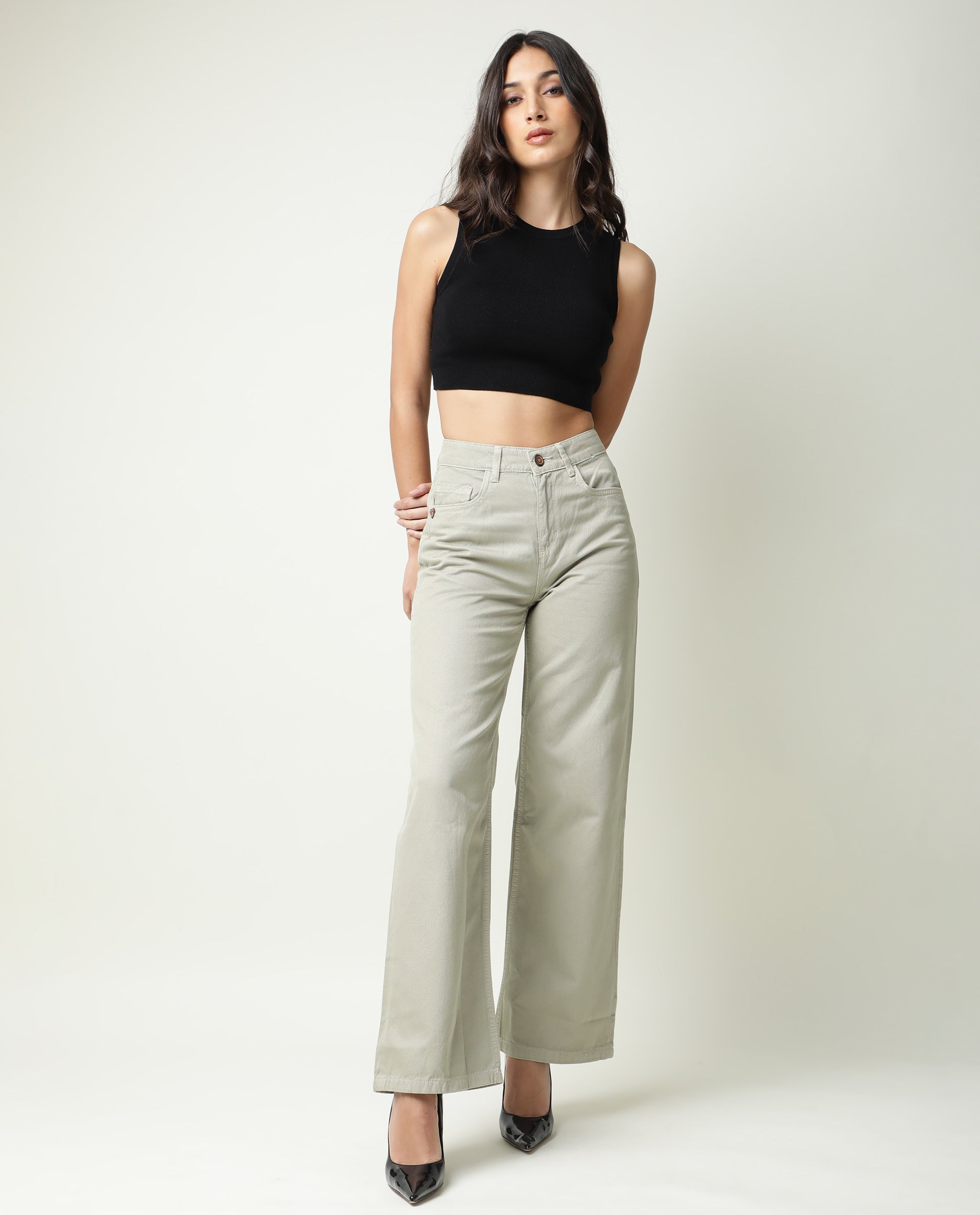 Rareism Womens Ginno Green Trouser Cotton Fabric Regular Fit Button Closure High Rise Waist Rise Ankle Length