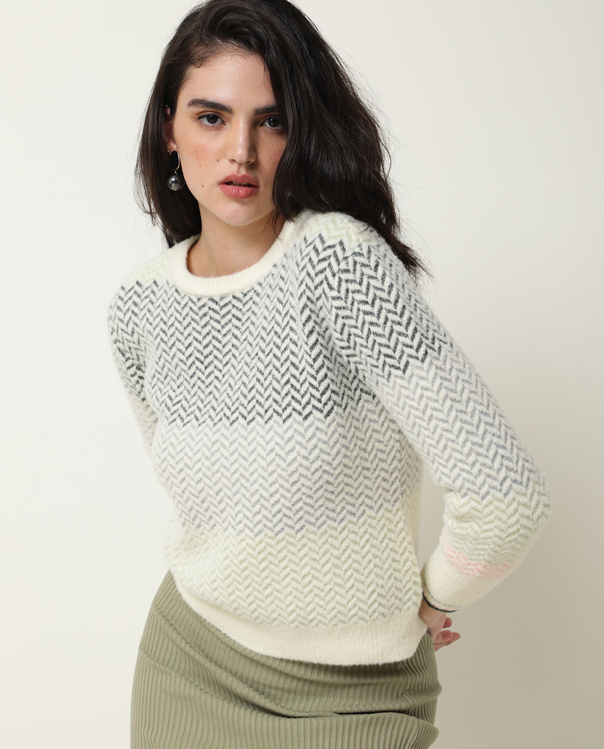 Rareism Women Herring Off White Nylon Fabric Full Sleeves Knee Length Regular Fit Color Blocked Round Neck Sweater