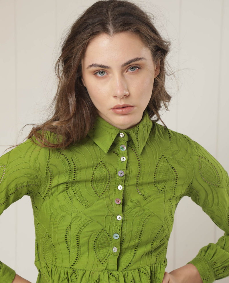 Rareism Women Darcy Green Cotton Fabric Full Sleeves Button Closure Shirt Collar Slim Fit Schiffili Knee Length Empire Dress