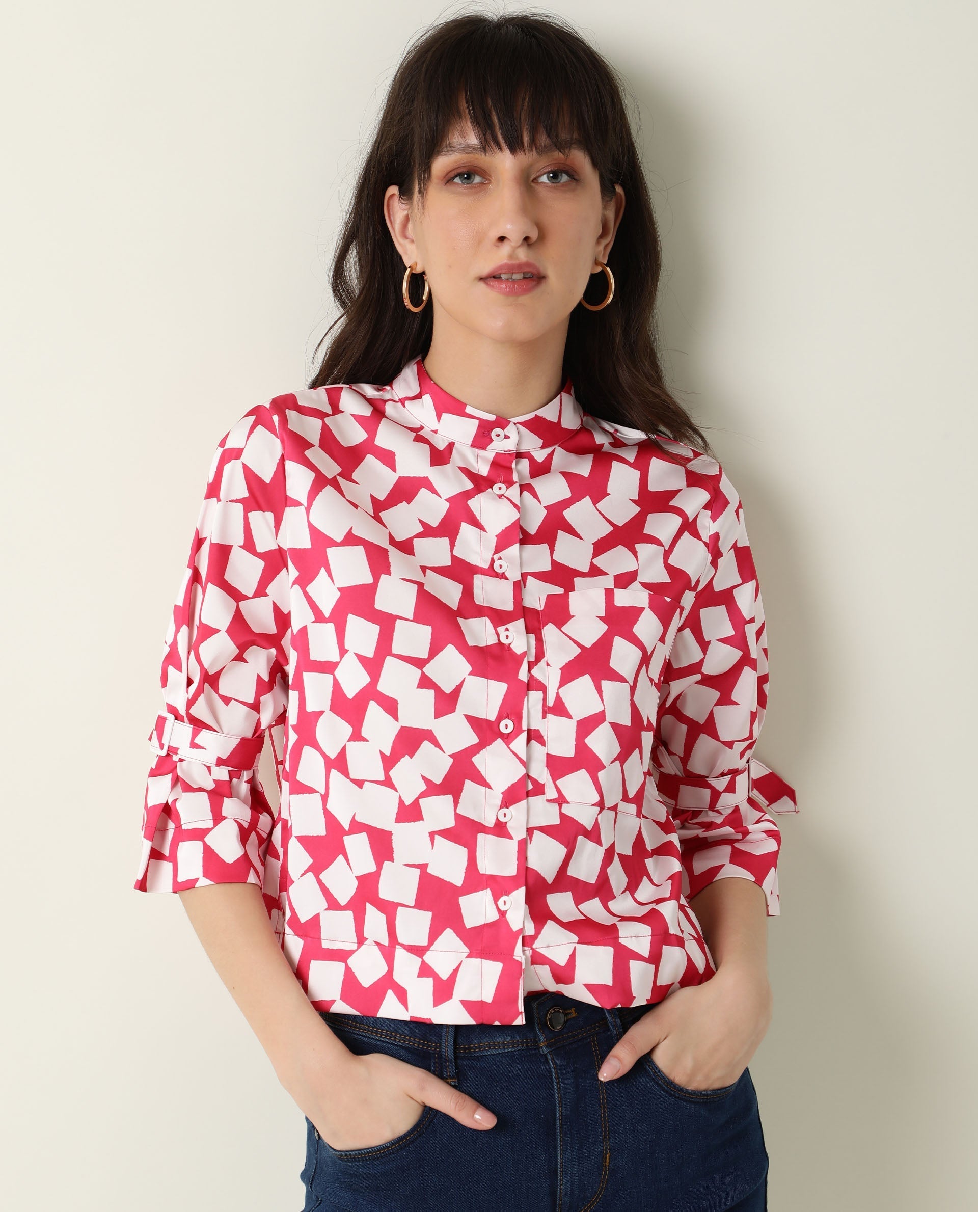 Rareism Women's Seki Pink Modal High Neck Geometric Print Regular Fit Shirt