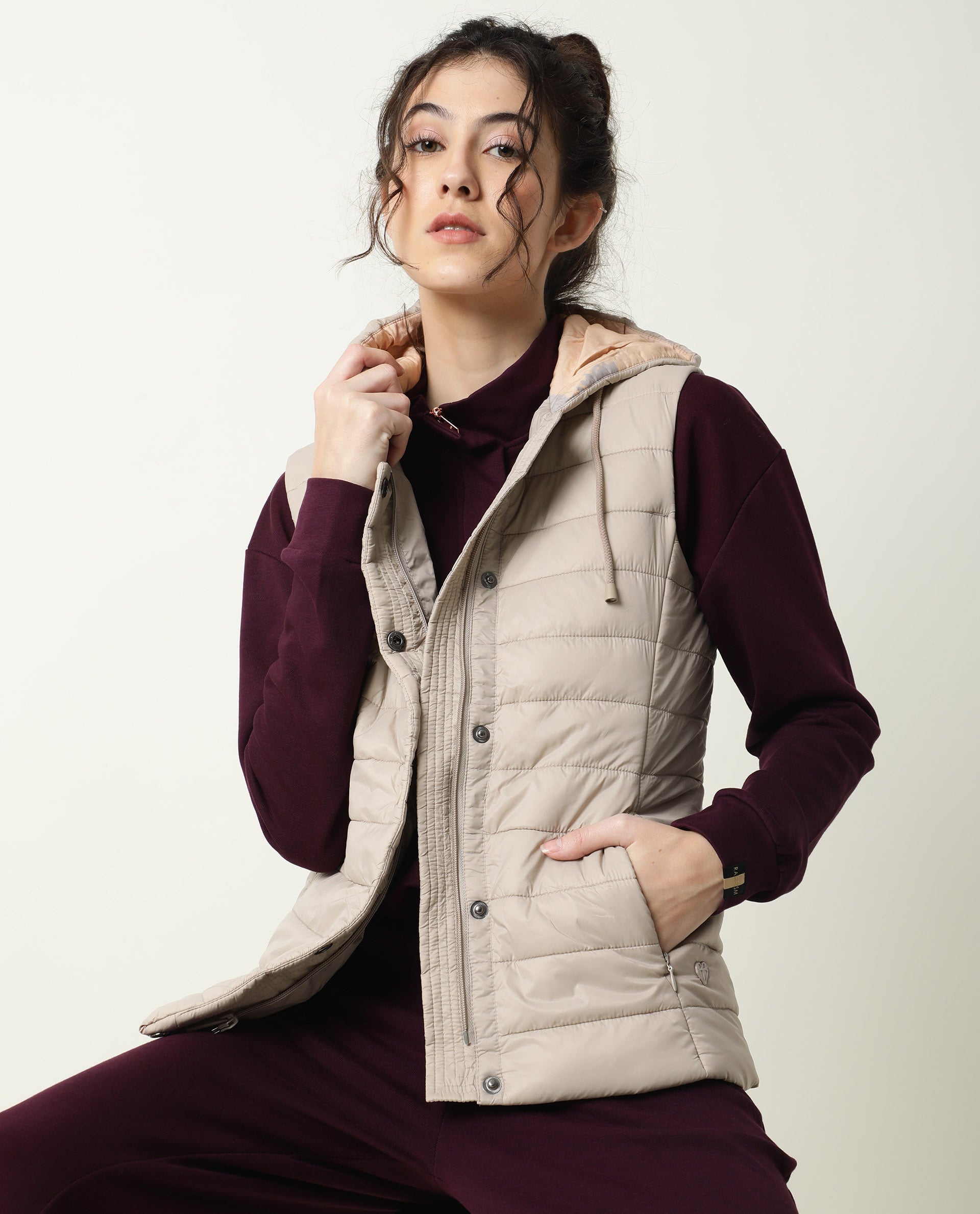 Rareism Women Troop Beige  Sleeveless Solid Hooded Jacket