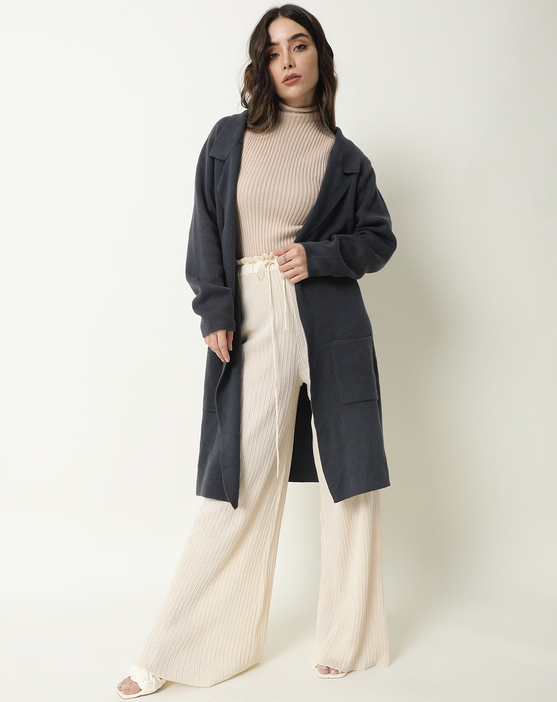 Rareism Women Trident Grey Cotton Fabric Full Sleeves Knee Length Regular Fit Solid Lapel Neck Sweater