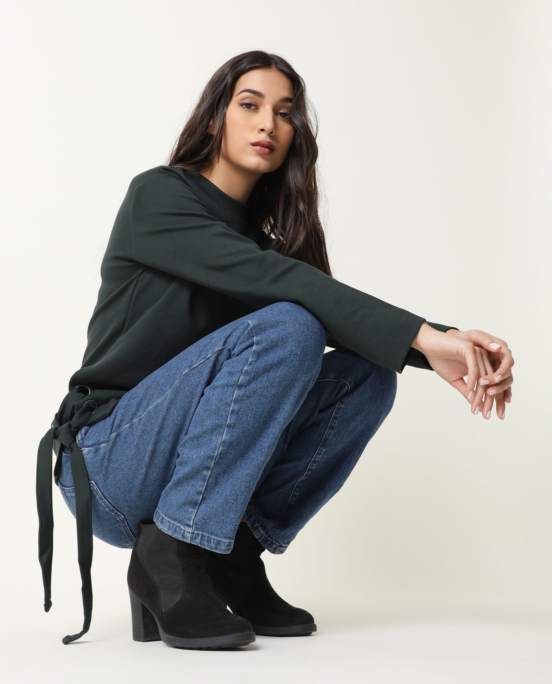 Rareism Women Ross Green Cotton Fabric Regular Fit Crew Neck Full Sleeves Solid Top