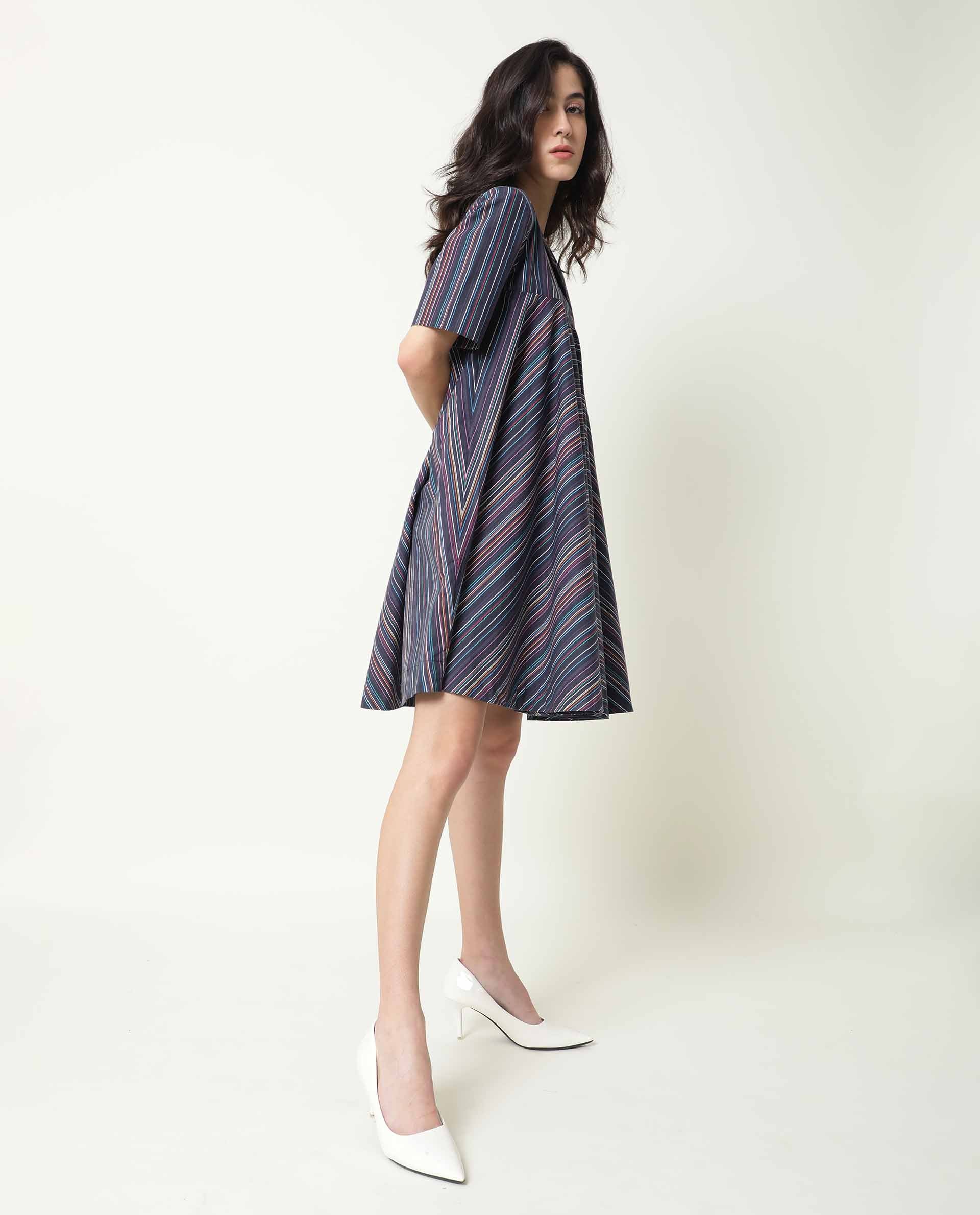 Rareism Womens Rafal Black Dress Cotton Fabric Relaxed Fit Half Sleeve Overlap Neck