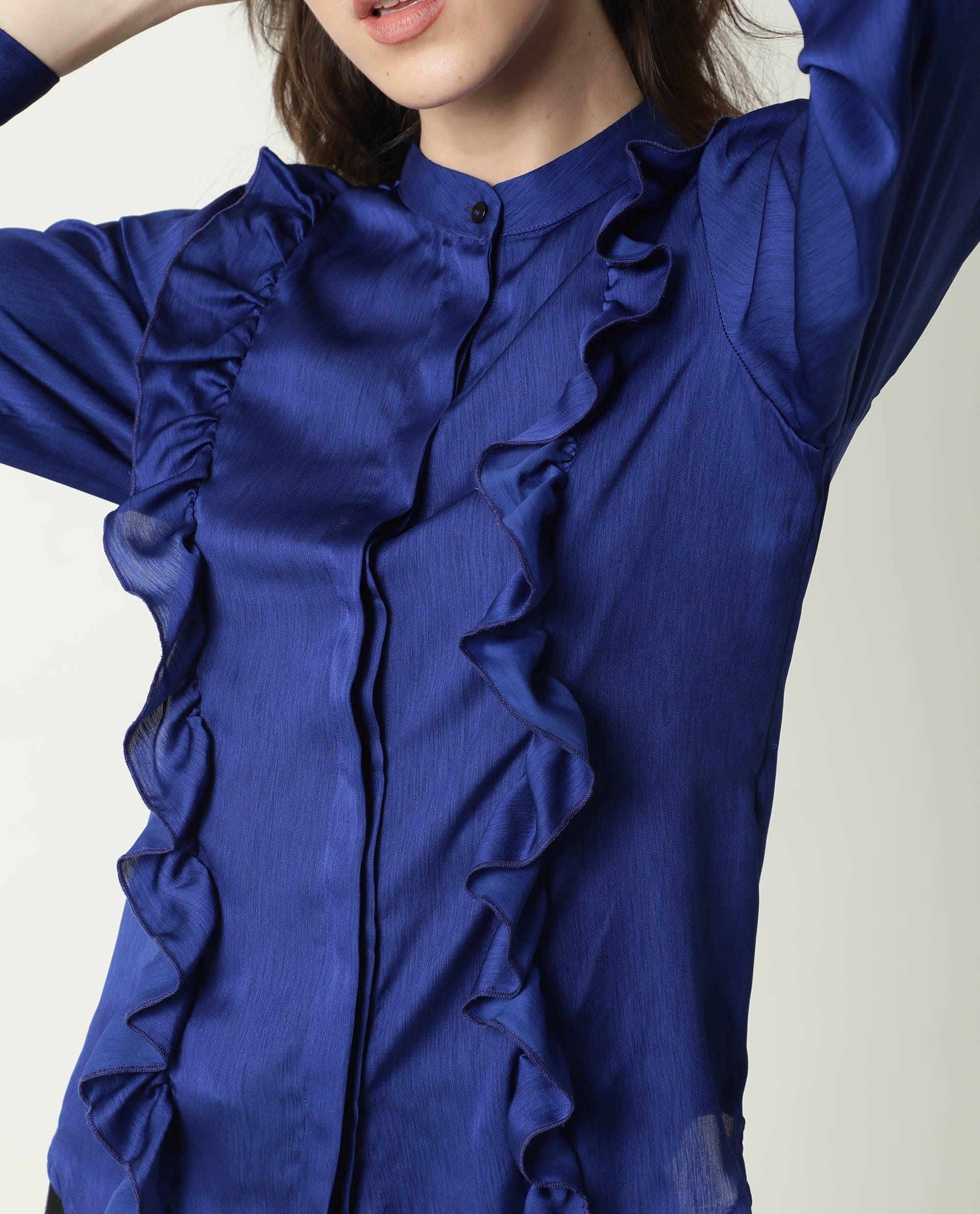 Rareism Womens Chamomile Blue Top Polyester Fabric  Fit Regular Sleeves Mandarin Neck