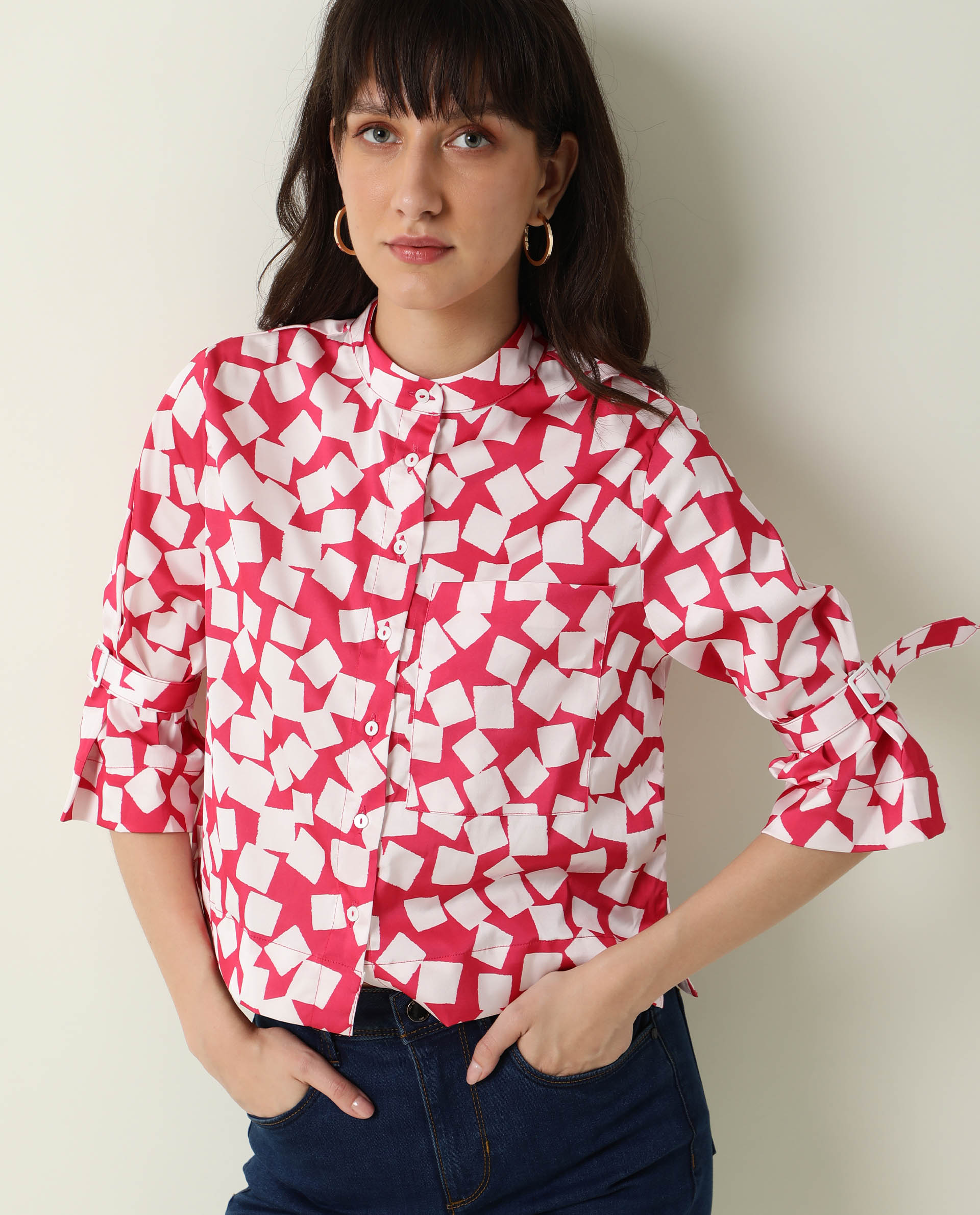 Rareism Women's Seki Pink Modal High Neck Geometric Print Regular Fit Shirt