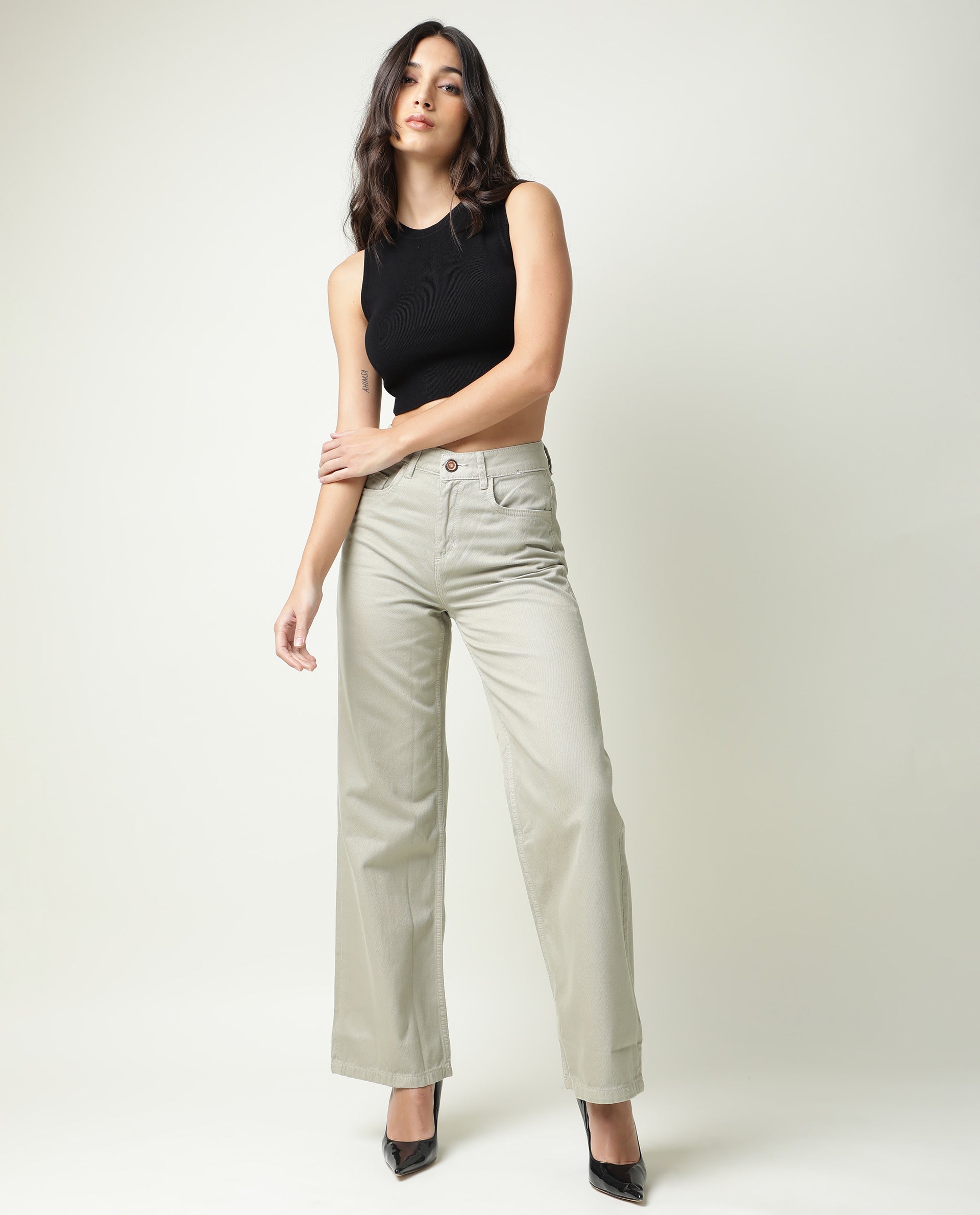 Rareism Womens Ginno Green Trouser Cotton Fabric Regular Fit Button Closure High Rise Waist Rise Ankle Length