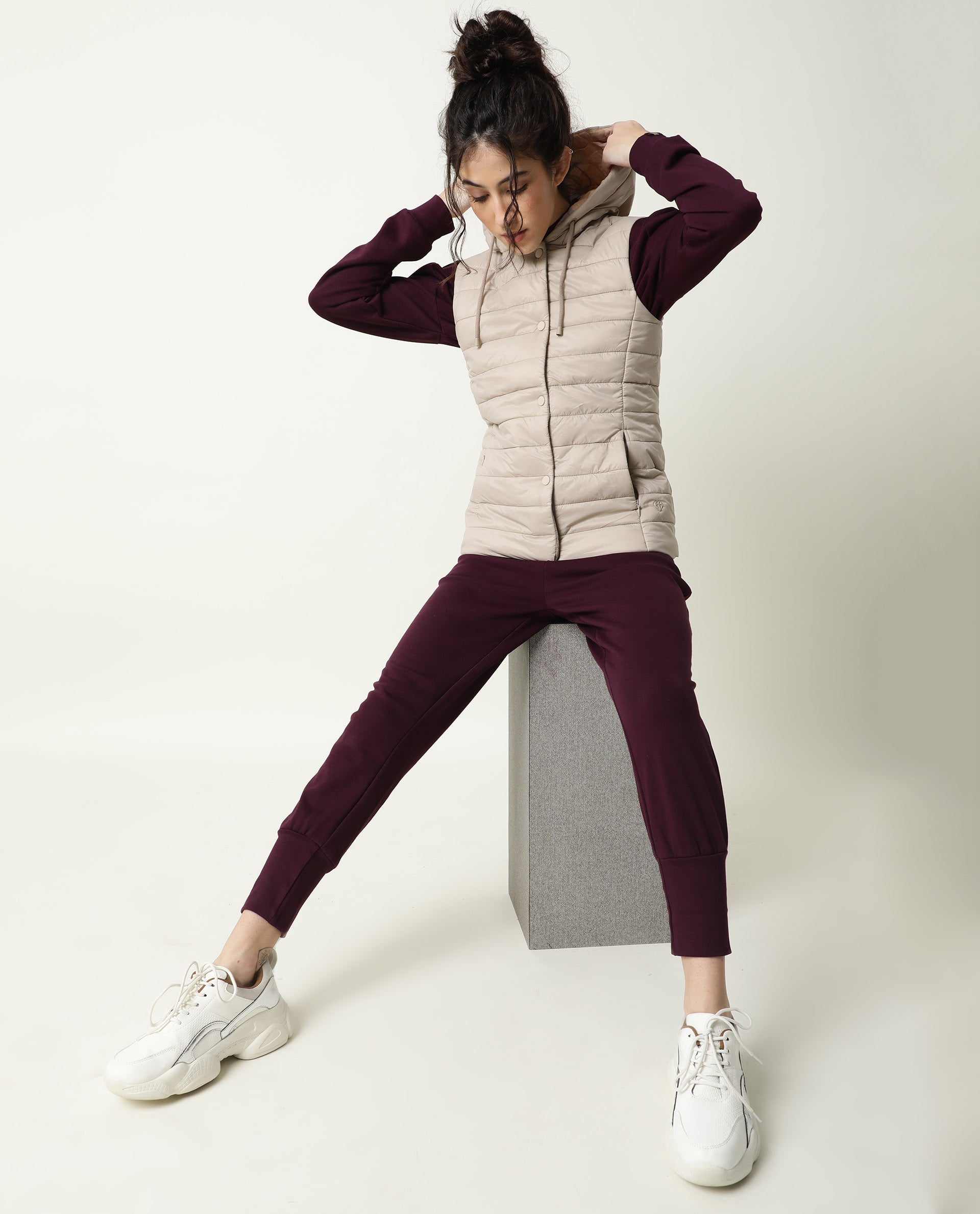 Rareism Women Troop Beige  Sleeveless Solid Hooded Jacket