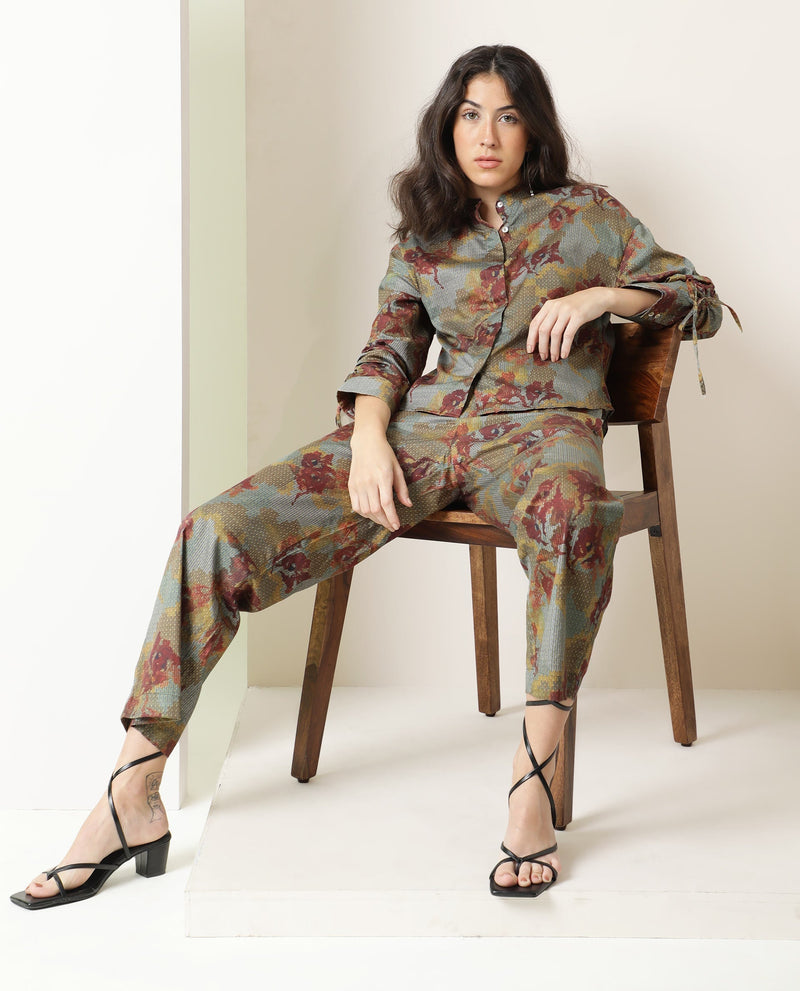 Rareism Women Milan Dark Olive Cotton Fabric Button Fly Closure Tailored Fit Floral Print Ankle Length Trousers