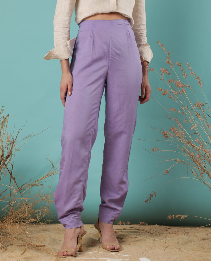 Rareism Women Erin Pastel Purple Modal Linen Fabric Tailored Fit Plain Ankle Length Trousers