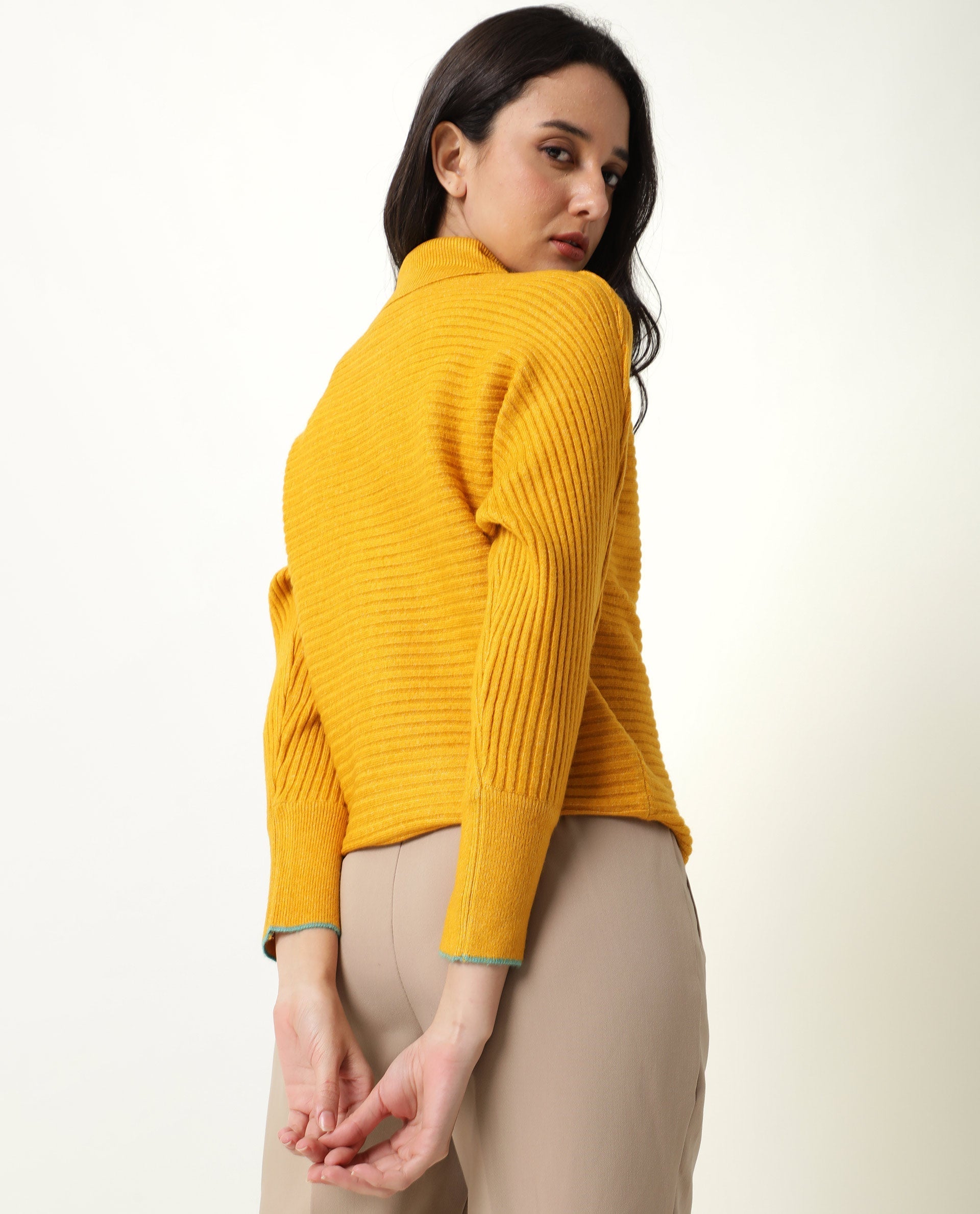 Rareism Women's Levour Mustard Acrylic Turtle Neck Plain Relaxed Fit Sweater