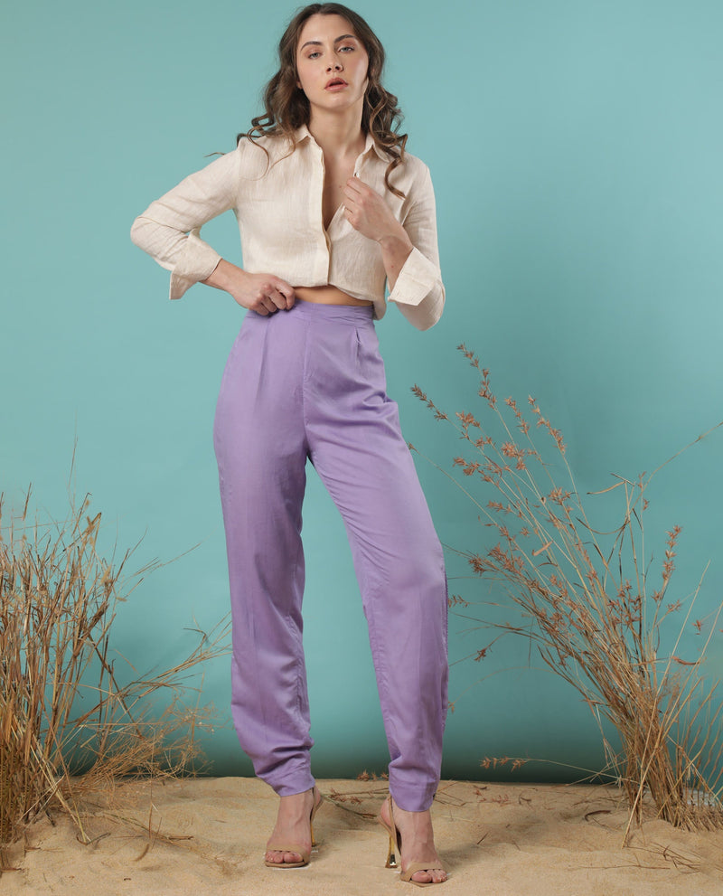 Rareism Women Erin Pastel Purple Modal Linen Fabric Tailored Fit Plain Ankle Length Trousers