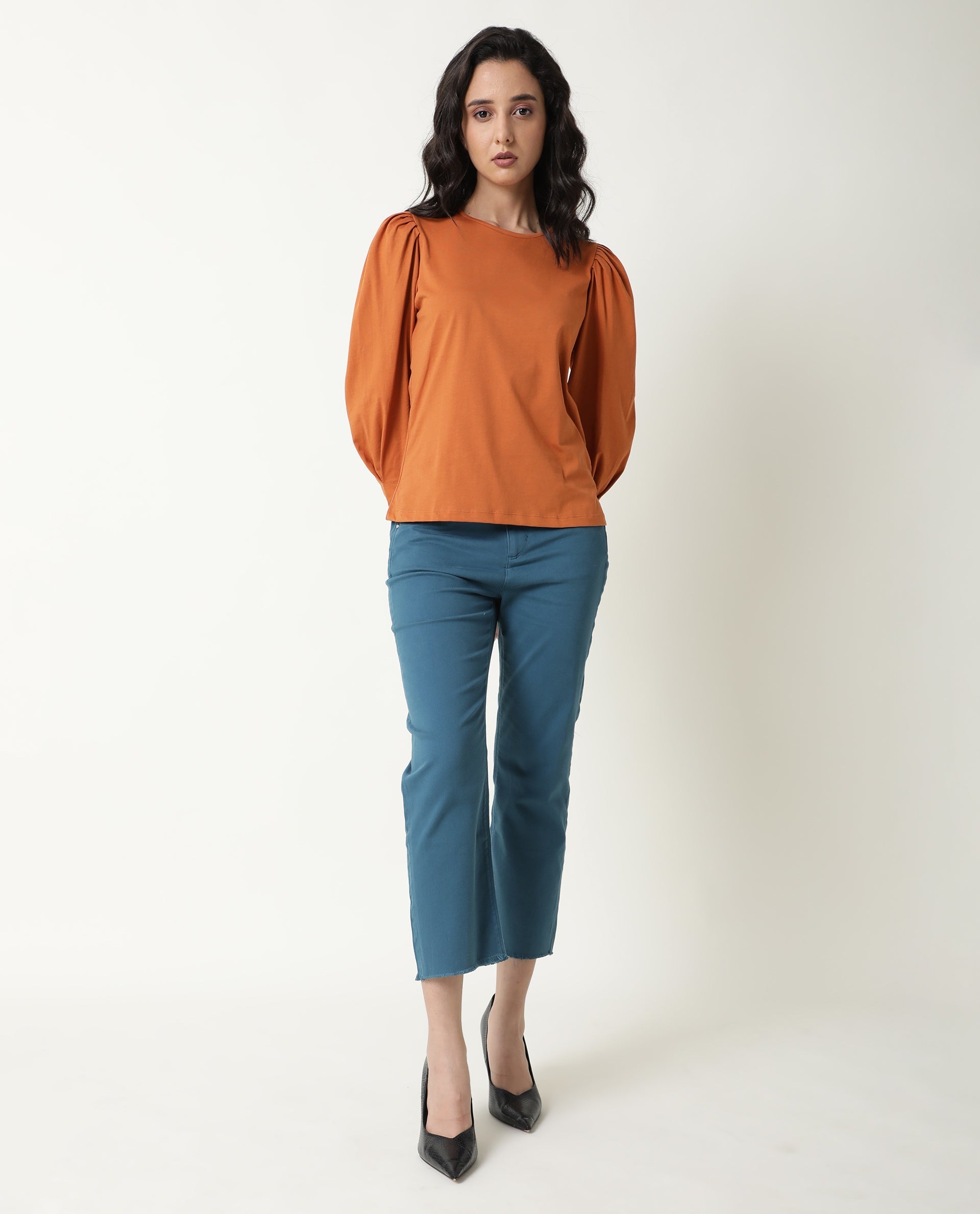 Rareism Women Ballerina Orange Cotton Fabric Slim Fit Knee Length Boat Neck 3/4Th Sleeves Solid Top