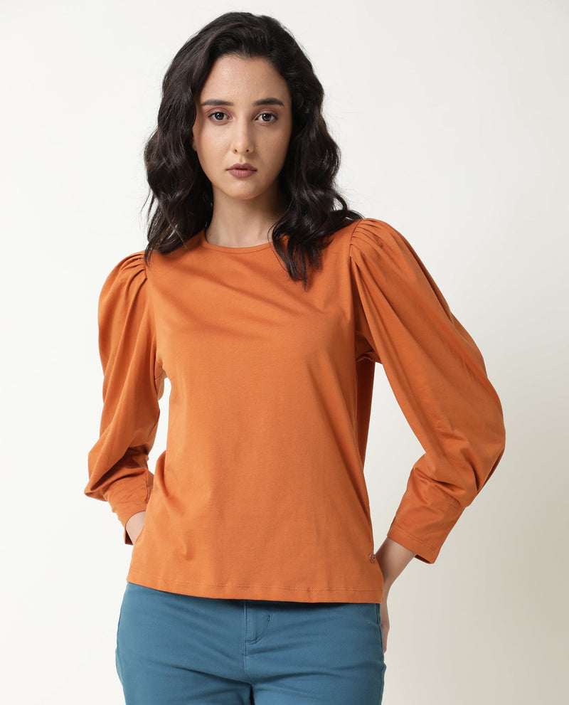 Rareism Women Ballerina Orange Cotton Fabric Slim Fit Knee Length Boat Neck 3/4Th Sleeves Solid Top