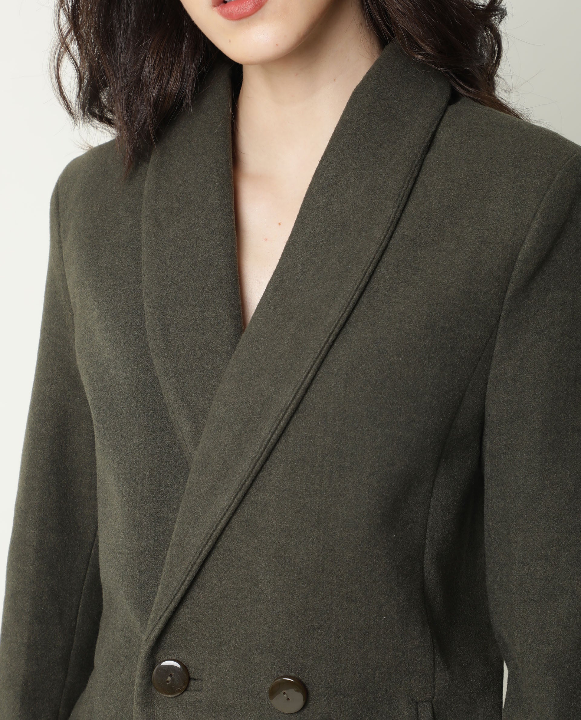 Rareism Women Avon Olive Polyester Fabric Full Sleeves Solid Lapel Neck Jacket