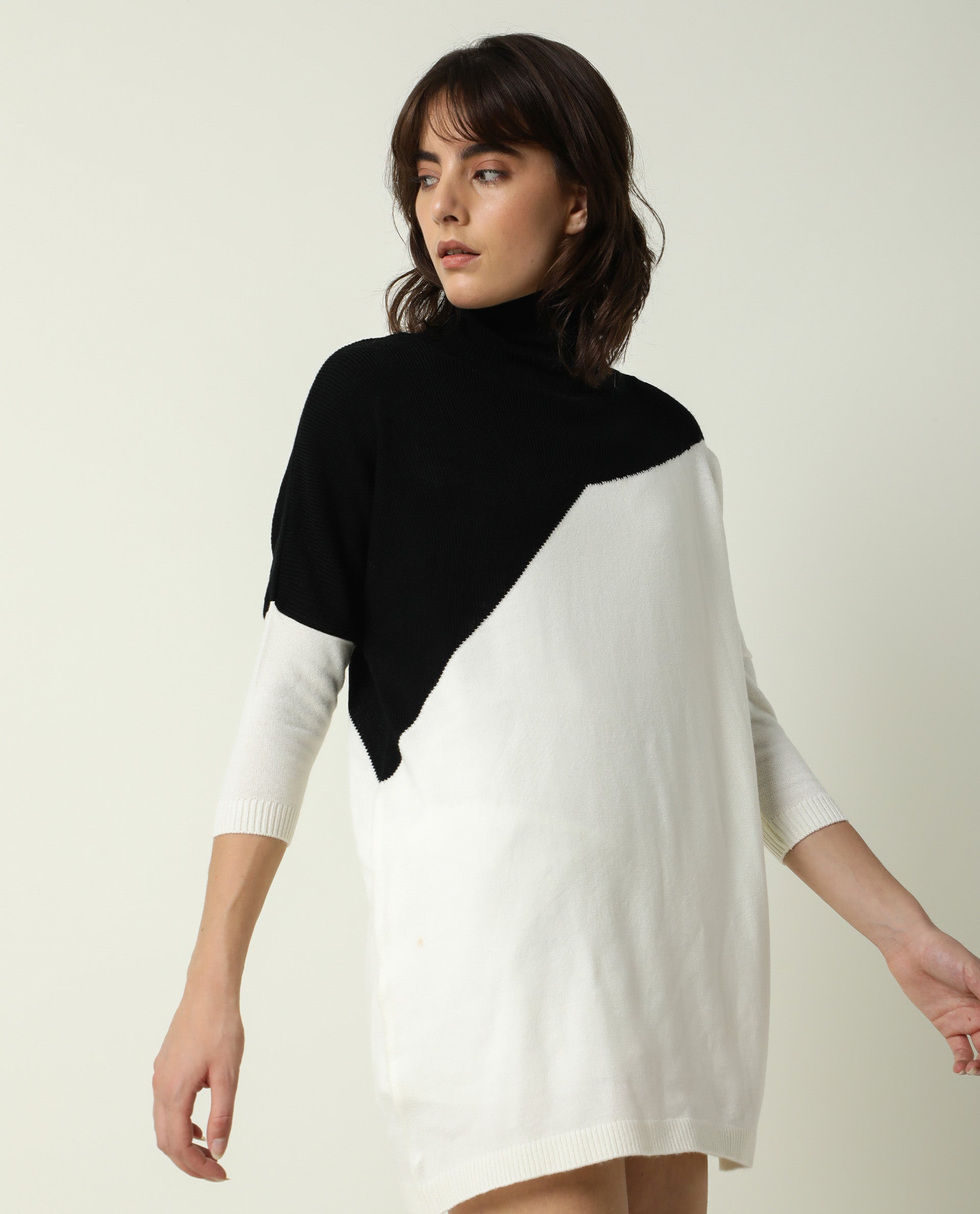Rareism Women's Spaton Black Acrylic High Neck Color Block Knee Length Regular Fit Sweater