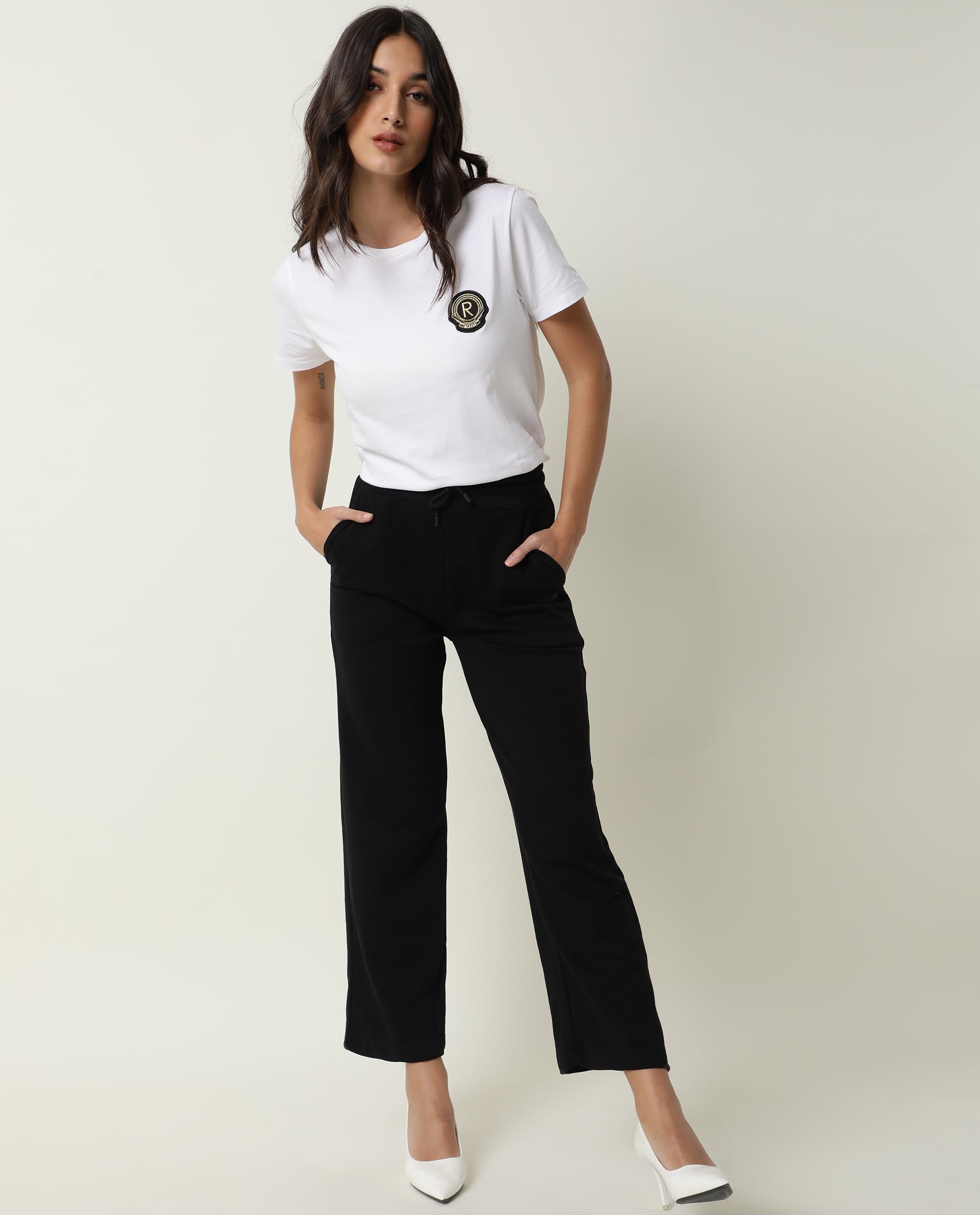 Rareism Women Fuji Off White Cotton Fabric Regular Fit Half Sleeves Graphic Print Crew Neck T-Shirt