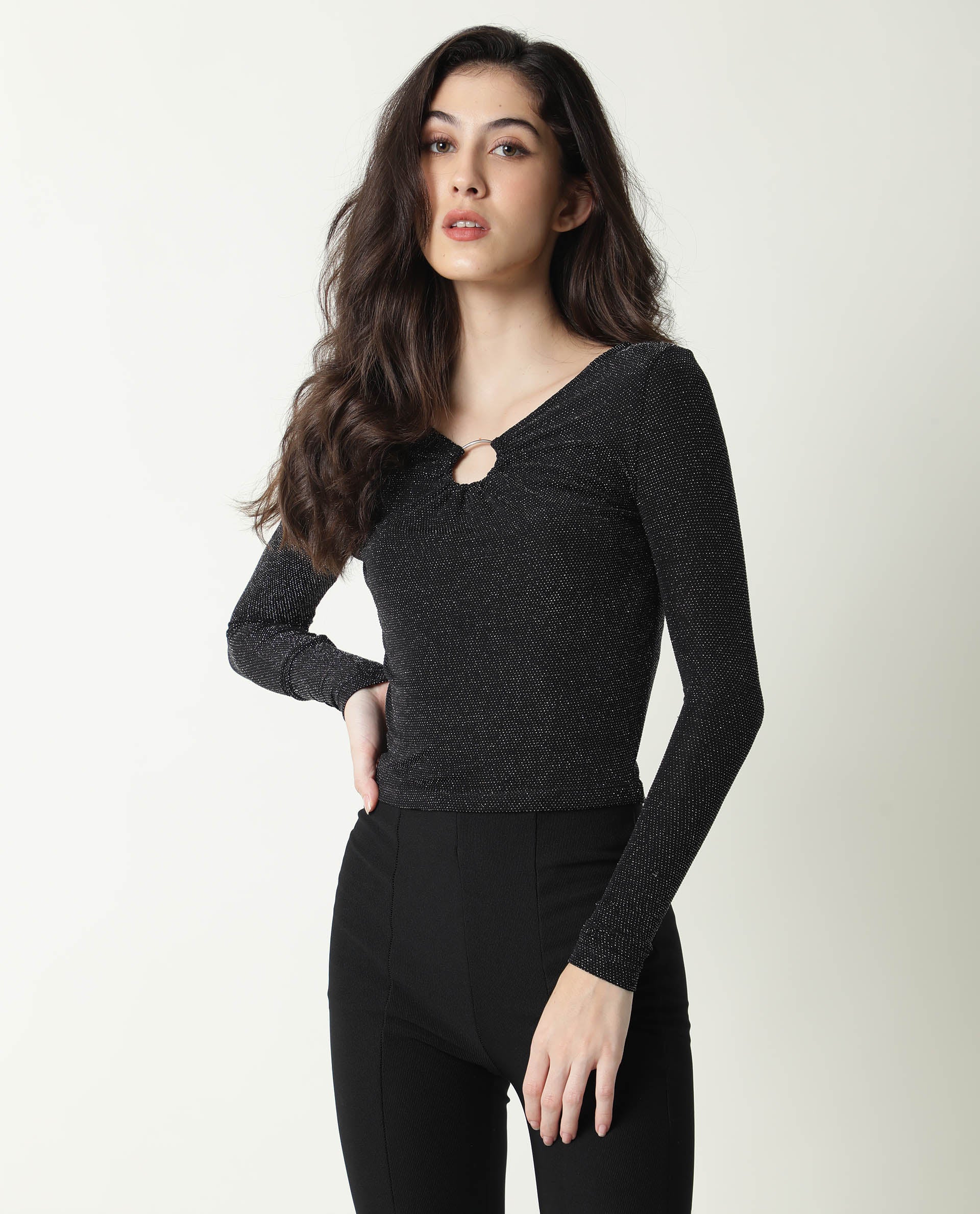 Rareism Women Ring Black Top Nylon Fabric Full Sleeves Solid