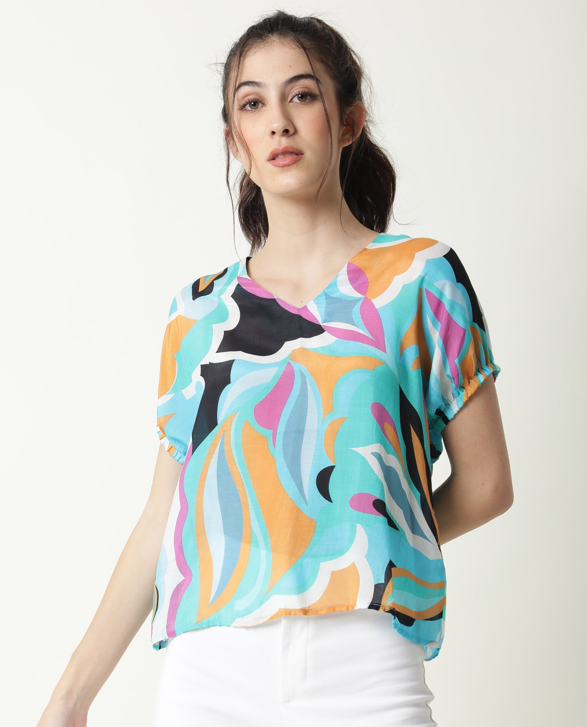 Rareism Women Maverick Multi Cotton Silk Fabric Relaxed Fit V-Neck Half Sleeves Abstract Print Top
