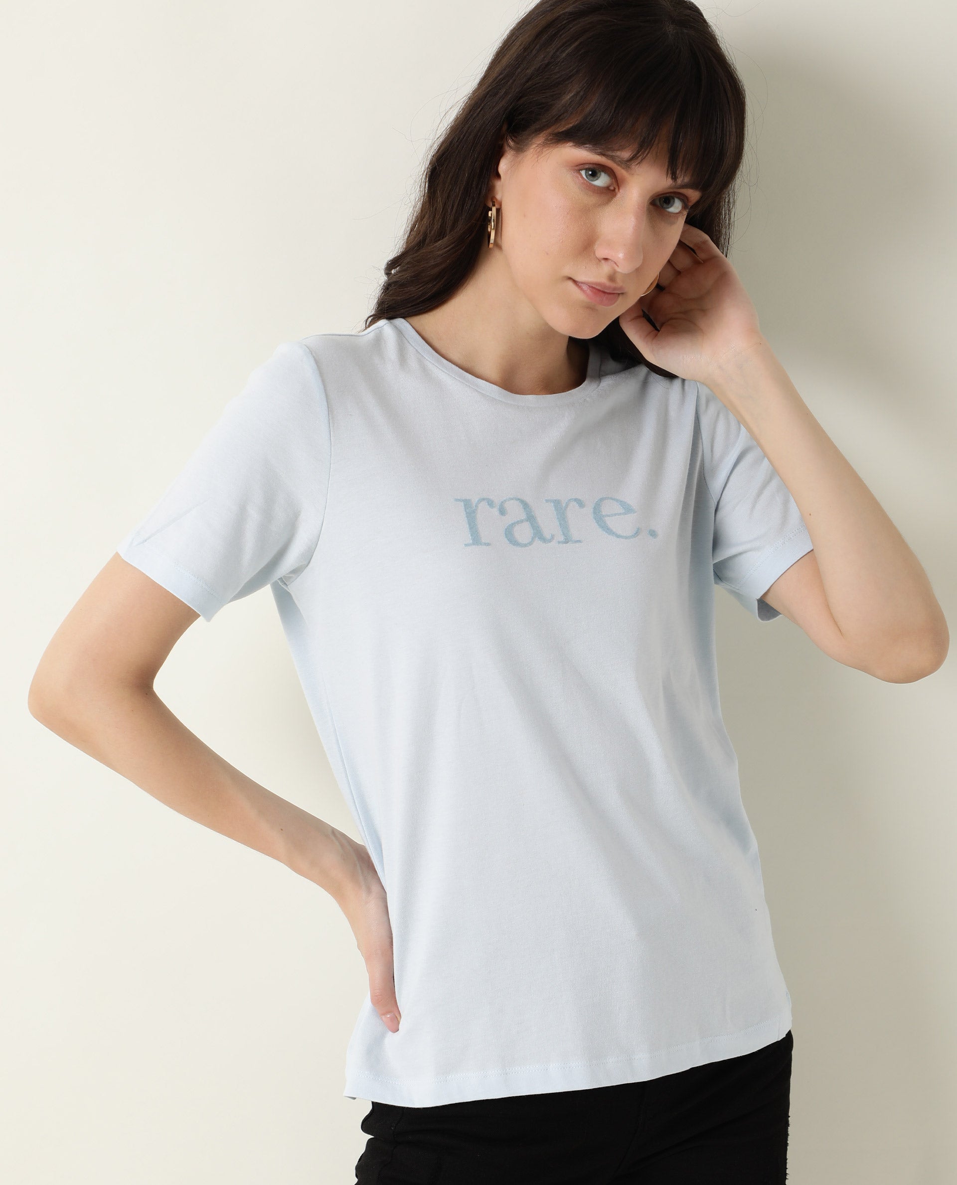 Rareism Womens Basic Tee 2 Blue T-Shirt Cotton Fabric Fitted Fit Short Sleeve Round Neck