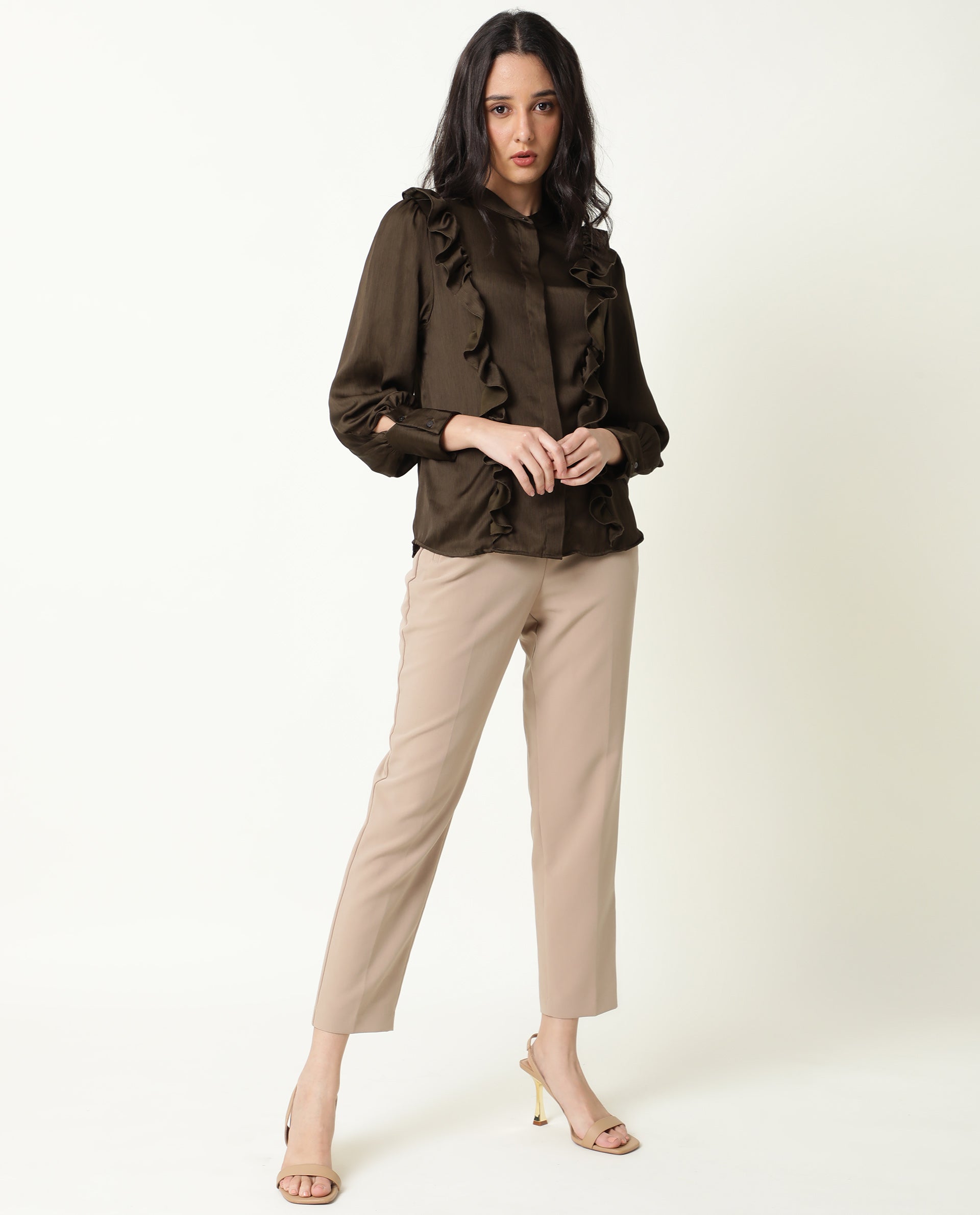 Rareism Womens Chamomile Olive Top Polyester Fabric  Fit Regular Sleeves Mandarin Neck