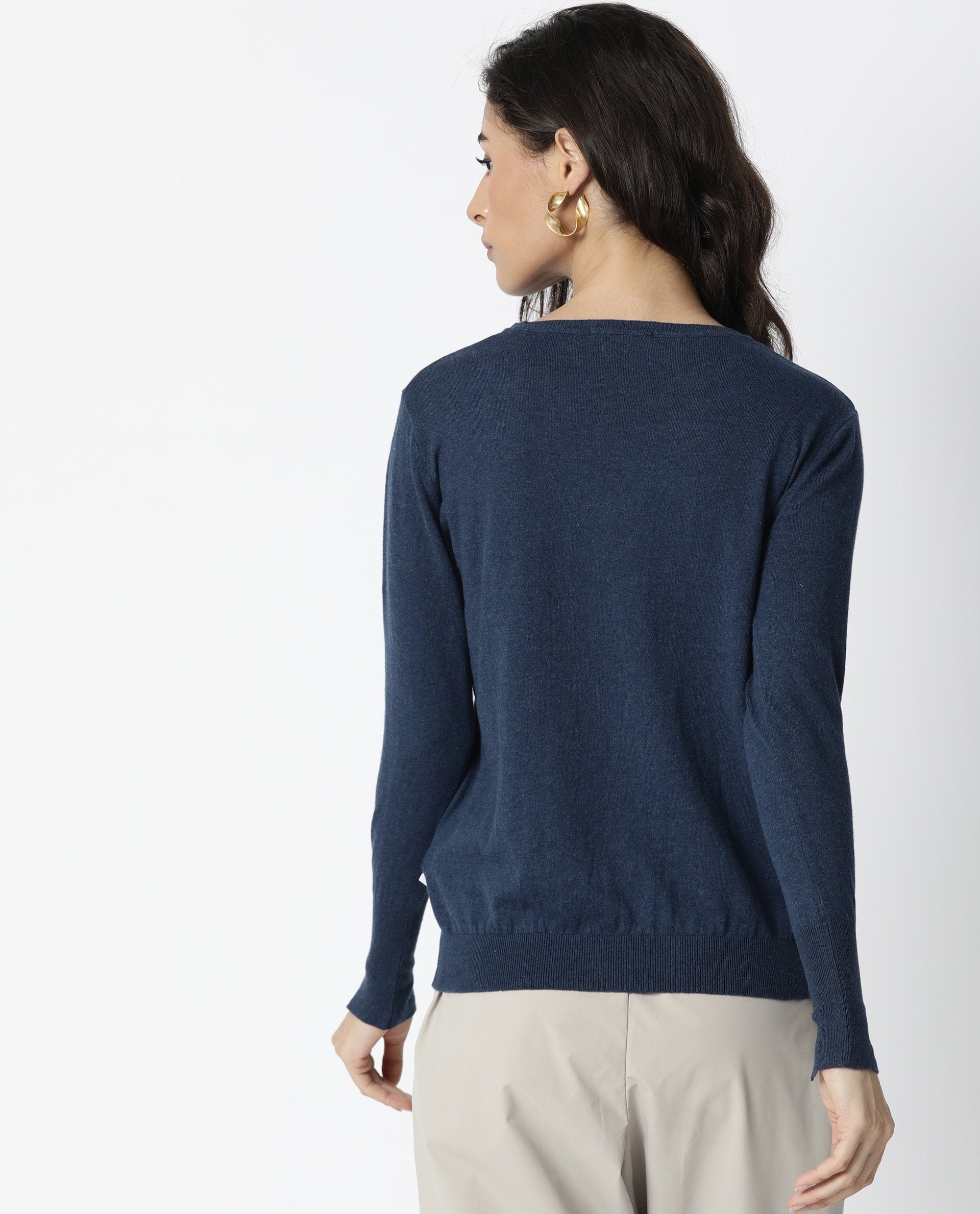 Rareism Women Plum Blue Cotton Fabric Full Sleeves Regular Fit Ribbed Ribbed Collar Sweater