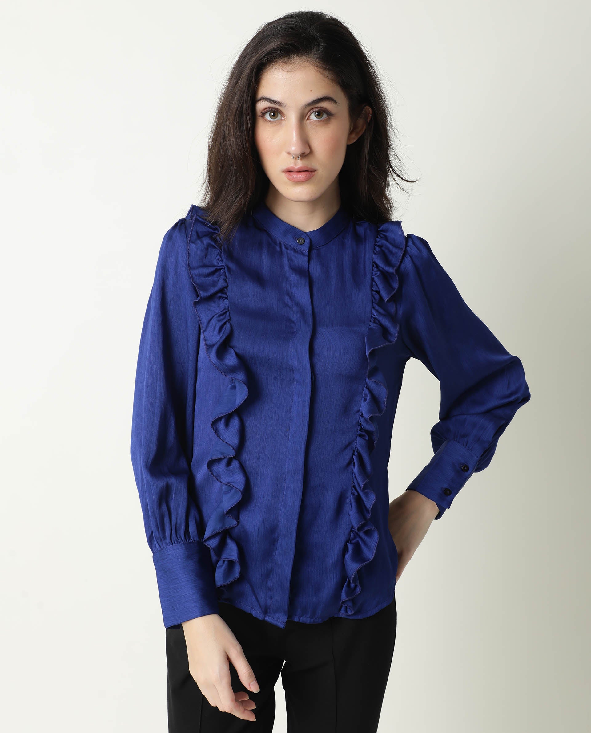 Rareism Womens Chamomile Blue Top Polyester Fabric  Fit Regular Sleeves Mandarin Neck