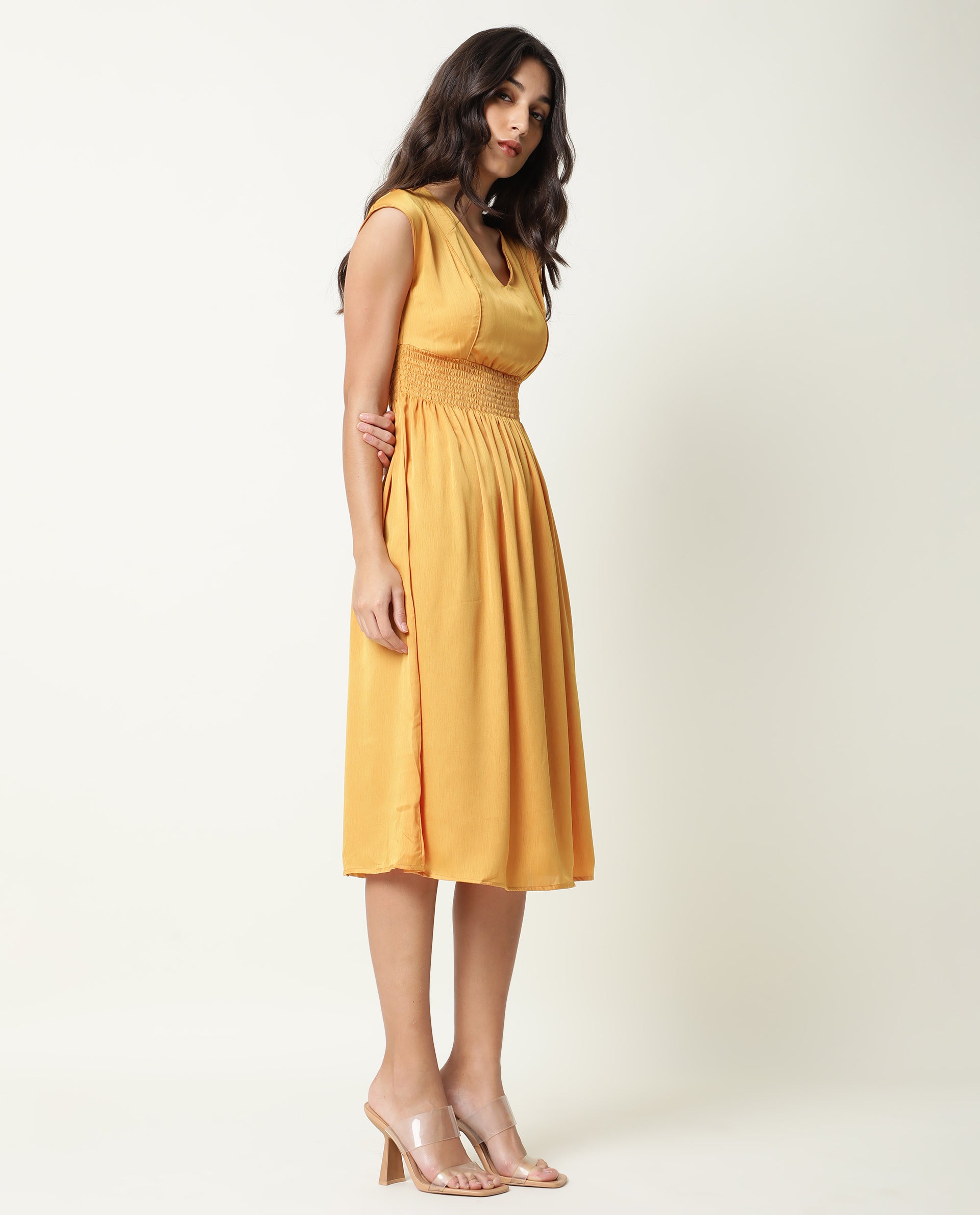Rareism Women's Milux Mustard V-Neck Plain Sleeveless Knee Length Regular Fit Dress