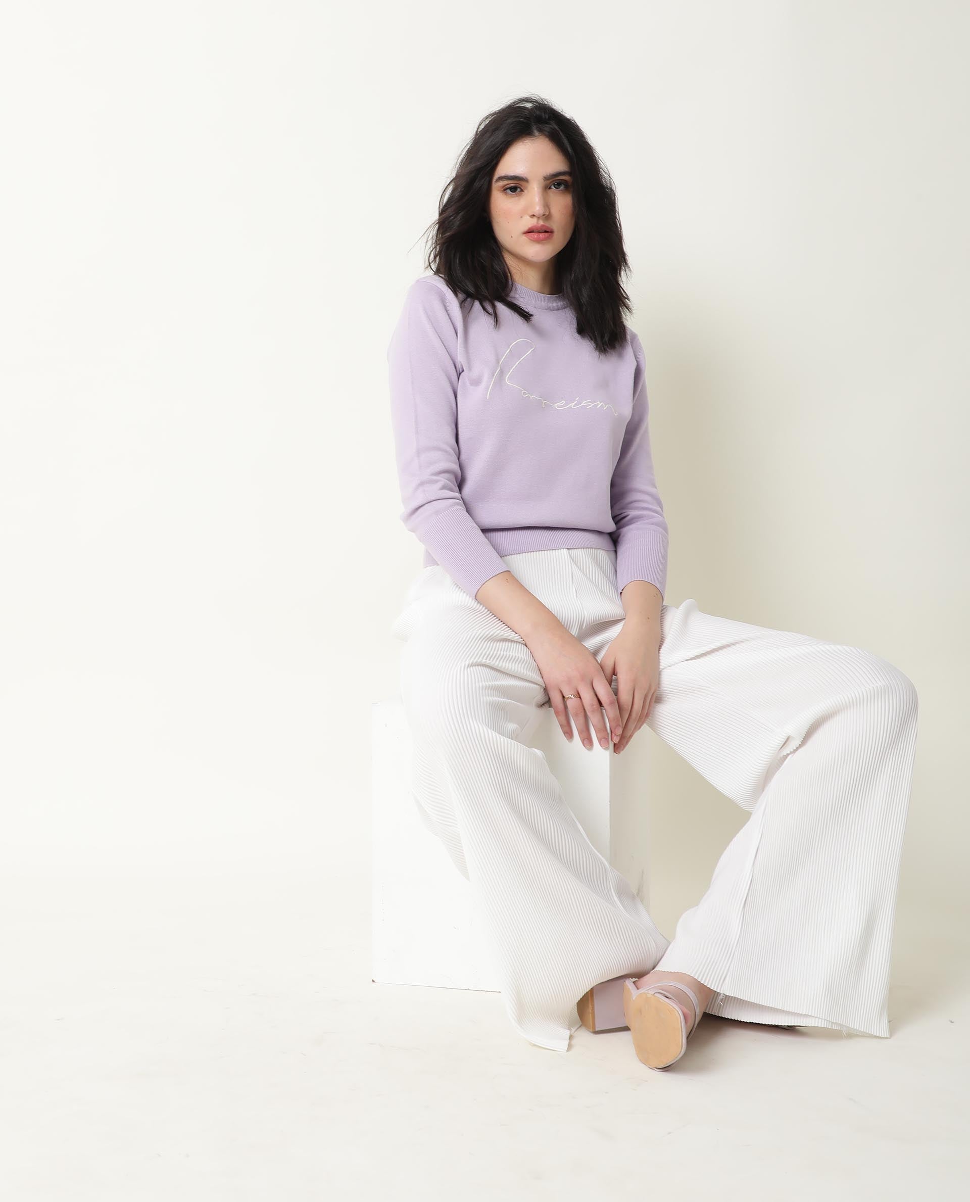 Rareism Women Plusho Light Purple Cotton Fabric Full Sleeves Regular Fit Embroidered Round Neck Sweater