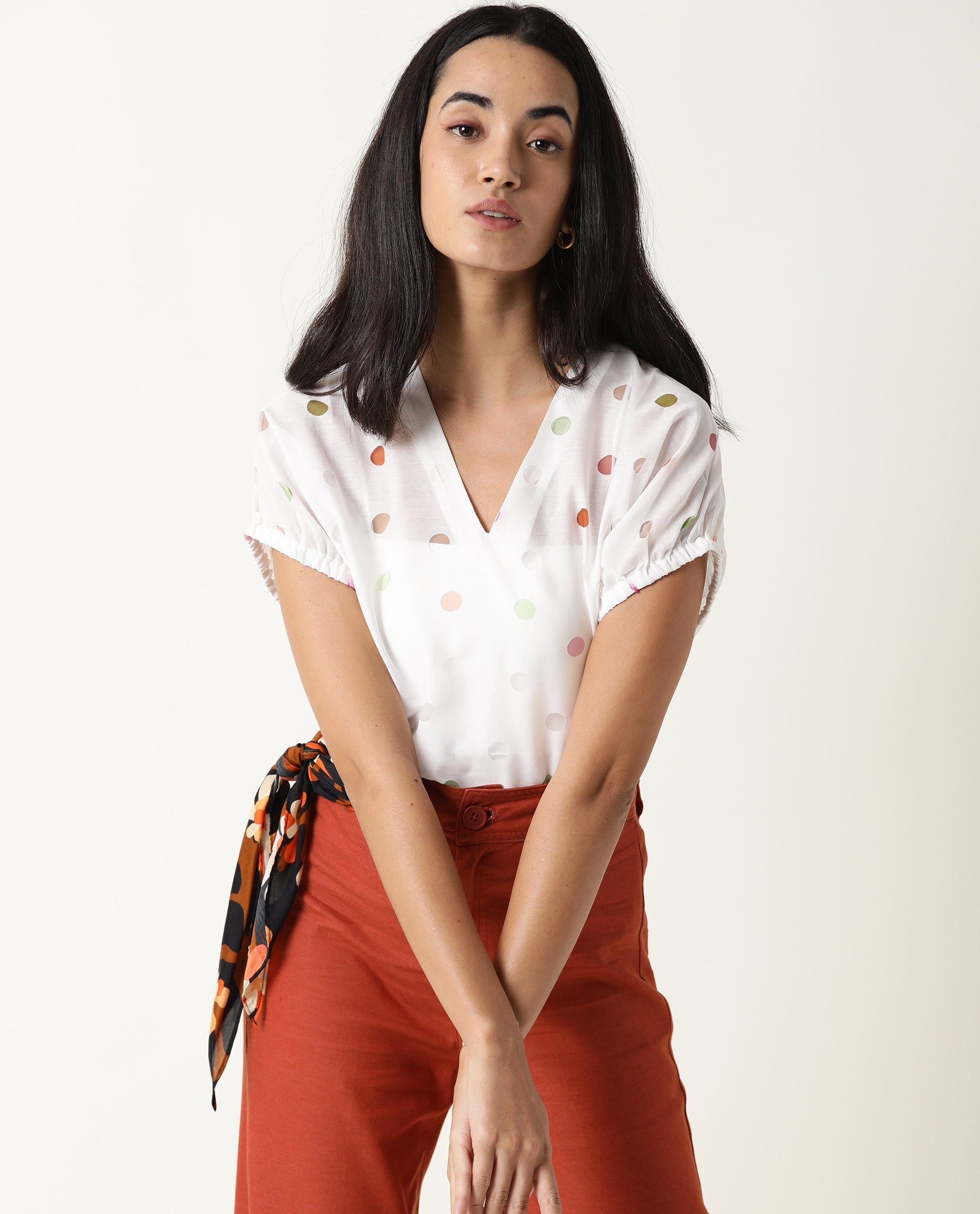 Rareism Womens Misan White Top Polycotton Fabric Regular Fit Extended Sleeves V Neck