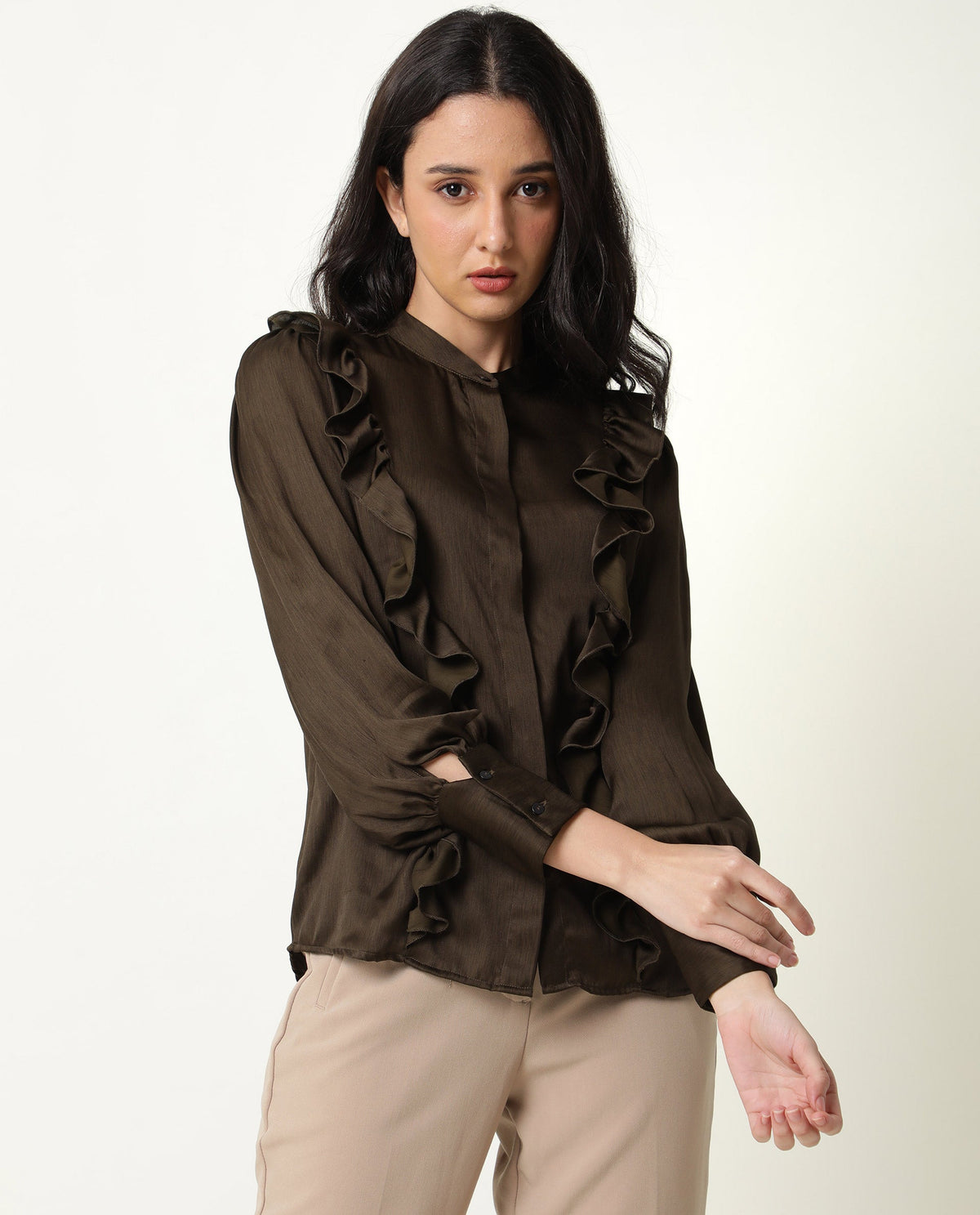 Rareism Womens Chamomile Olive Top Polyester Fabric  Fit Regular Sleeves Mandarin Neck