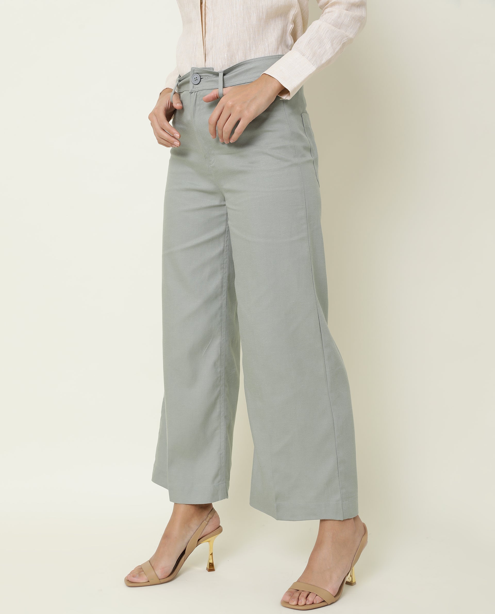 Rareism Women's Micky Green Cotton Blend Plain Ankle Length Tailored Trouser