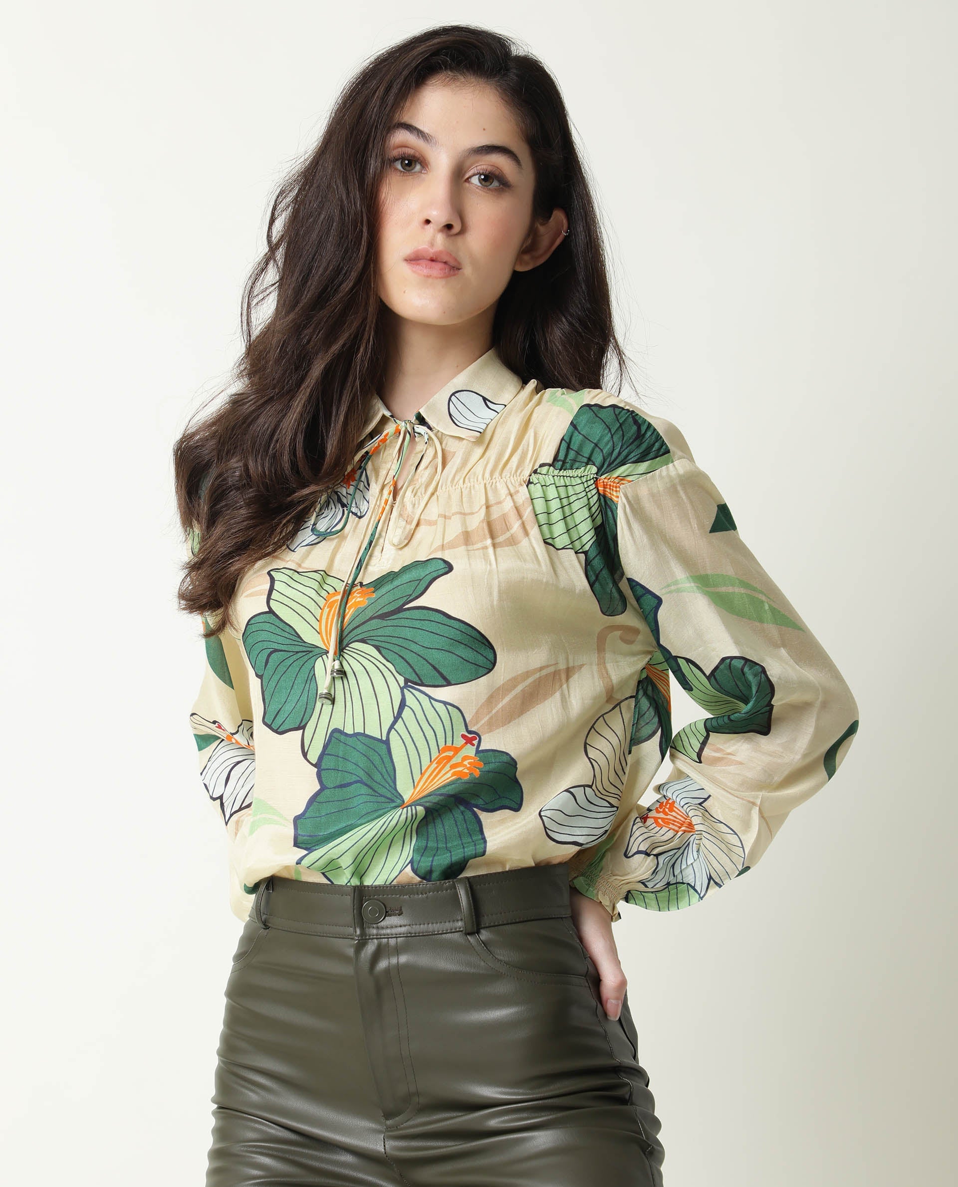 Rareism Womens Kalina Off White Top Cotton Silk Fabric  Full Sleeve Key Hole Neck