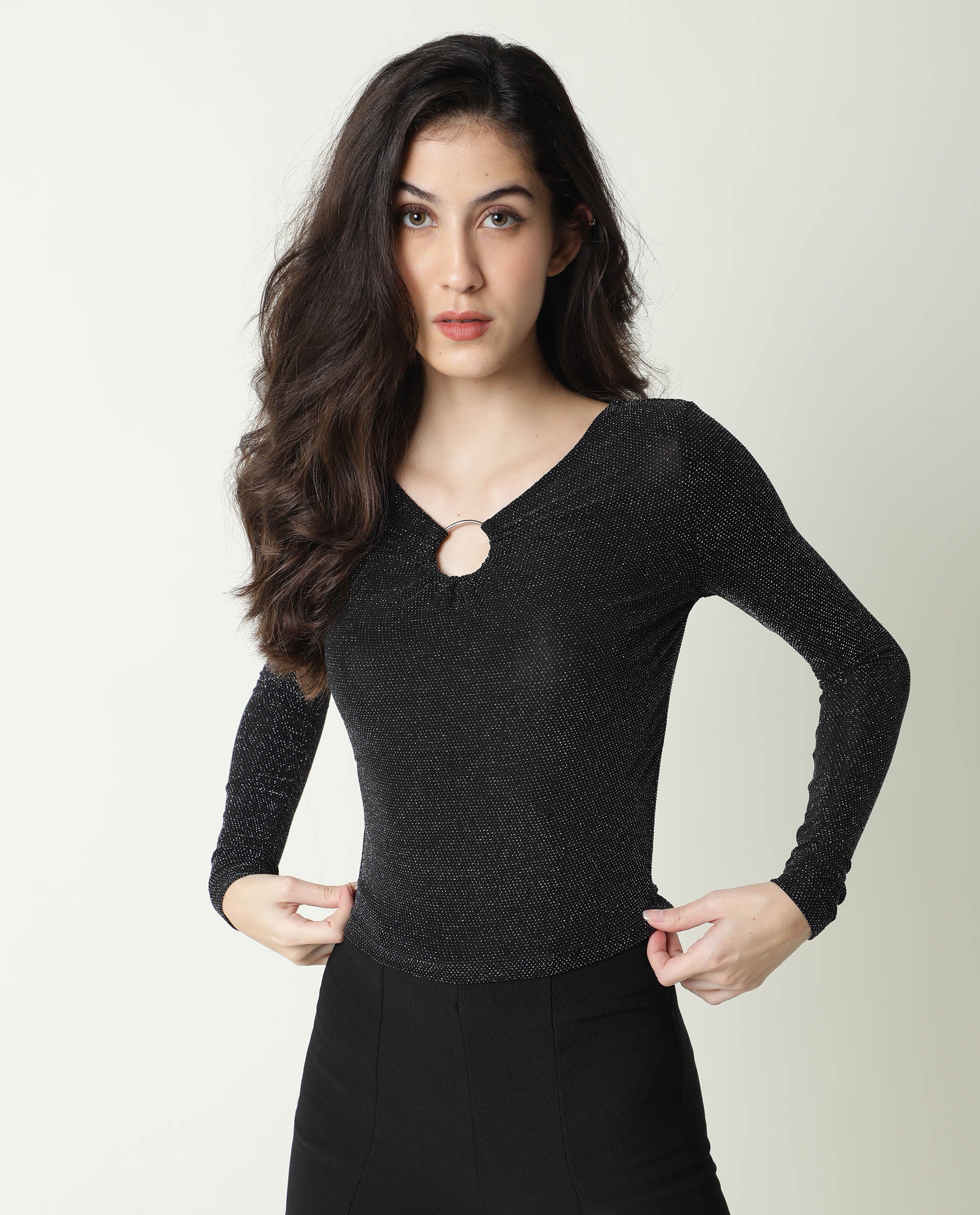 Rareism Women Ring Black Top Nylon Fabric Full Sleeves Solid