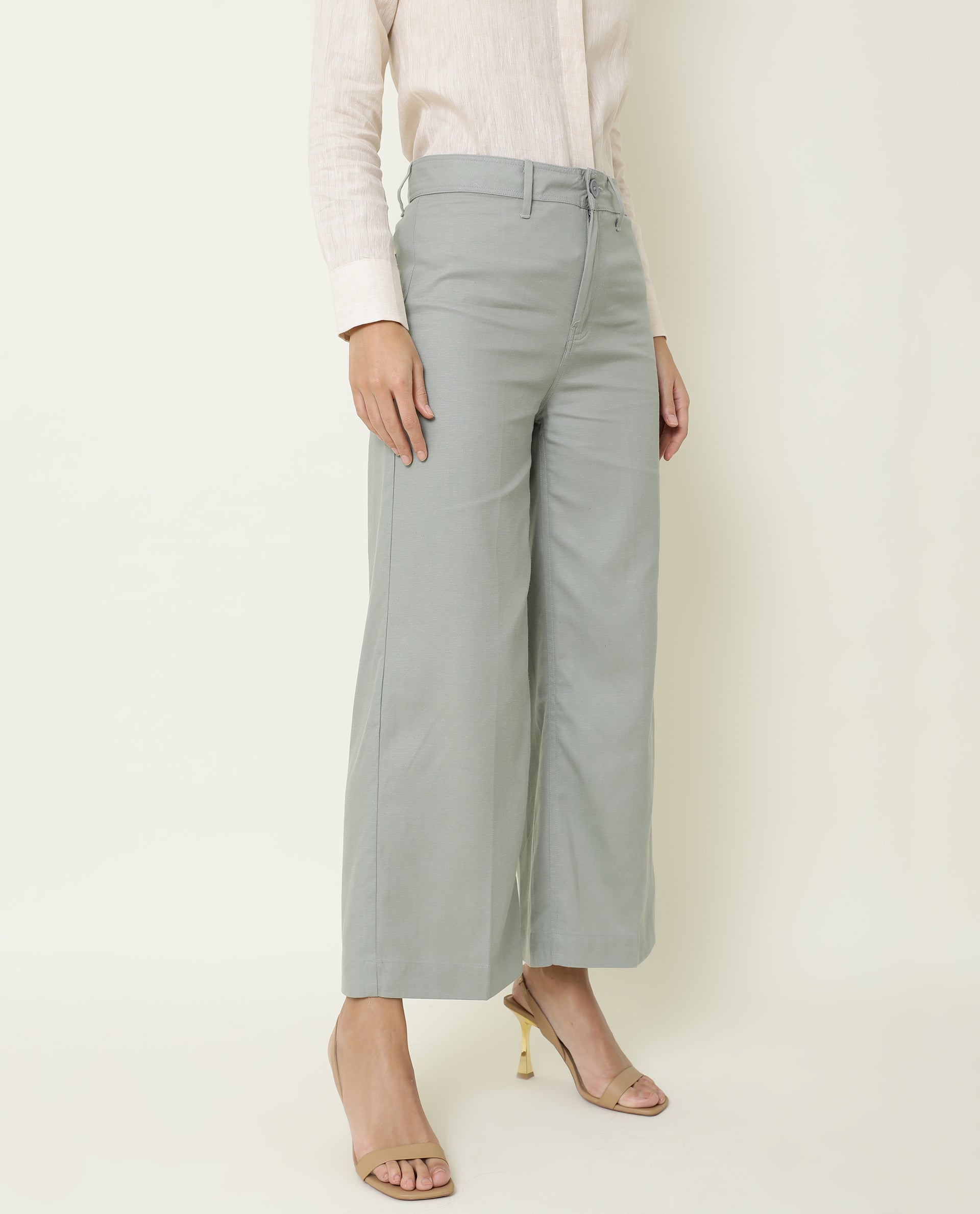 Rareism Women's Micky Green Cotton Blend Plain Ankle Length Tailored Trouser