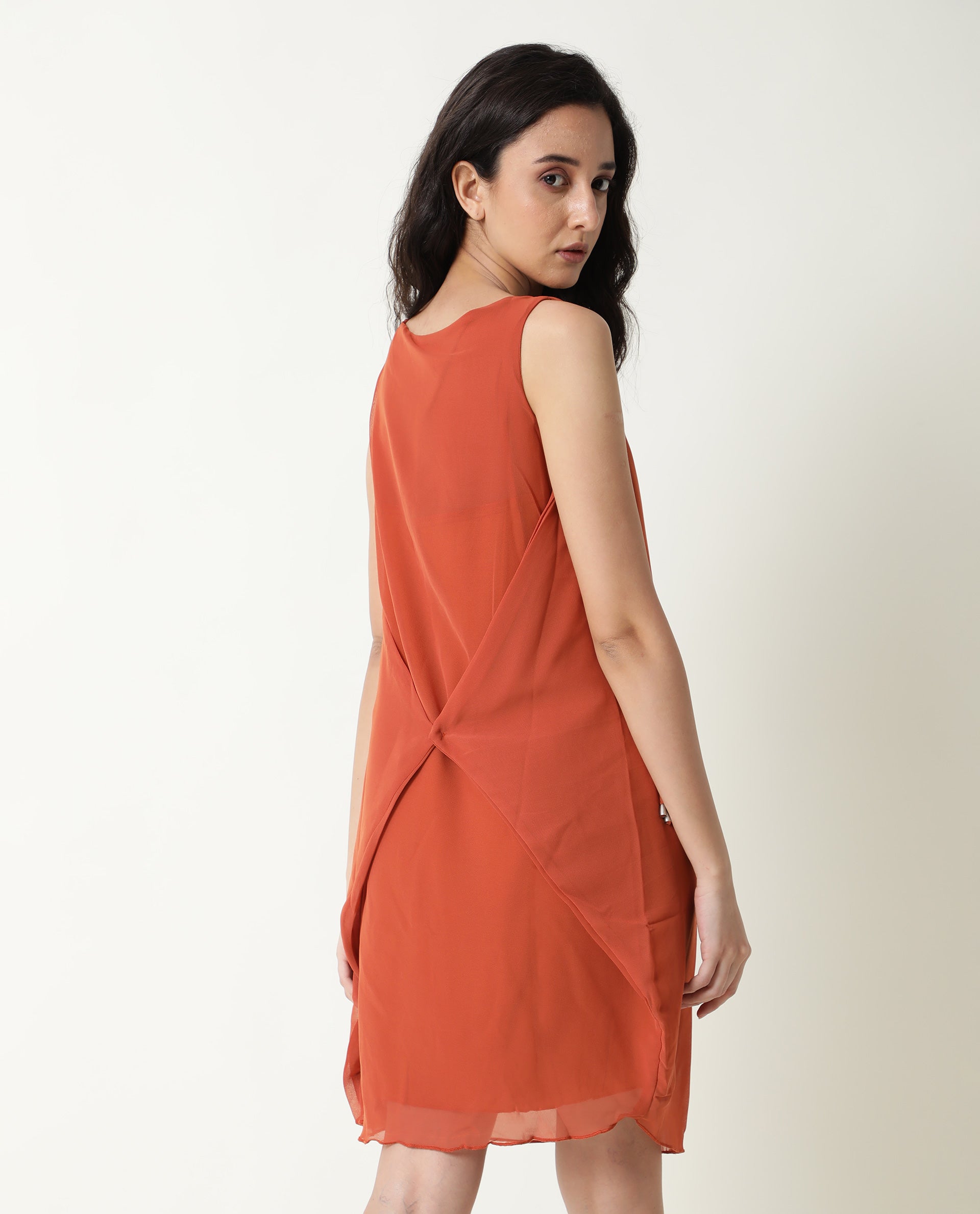 Rareism Women Saabo Dark Rust Boat Neck Sleeveless Side Zip Closure Knee Length Dress